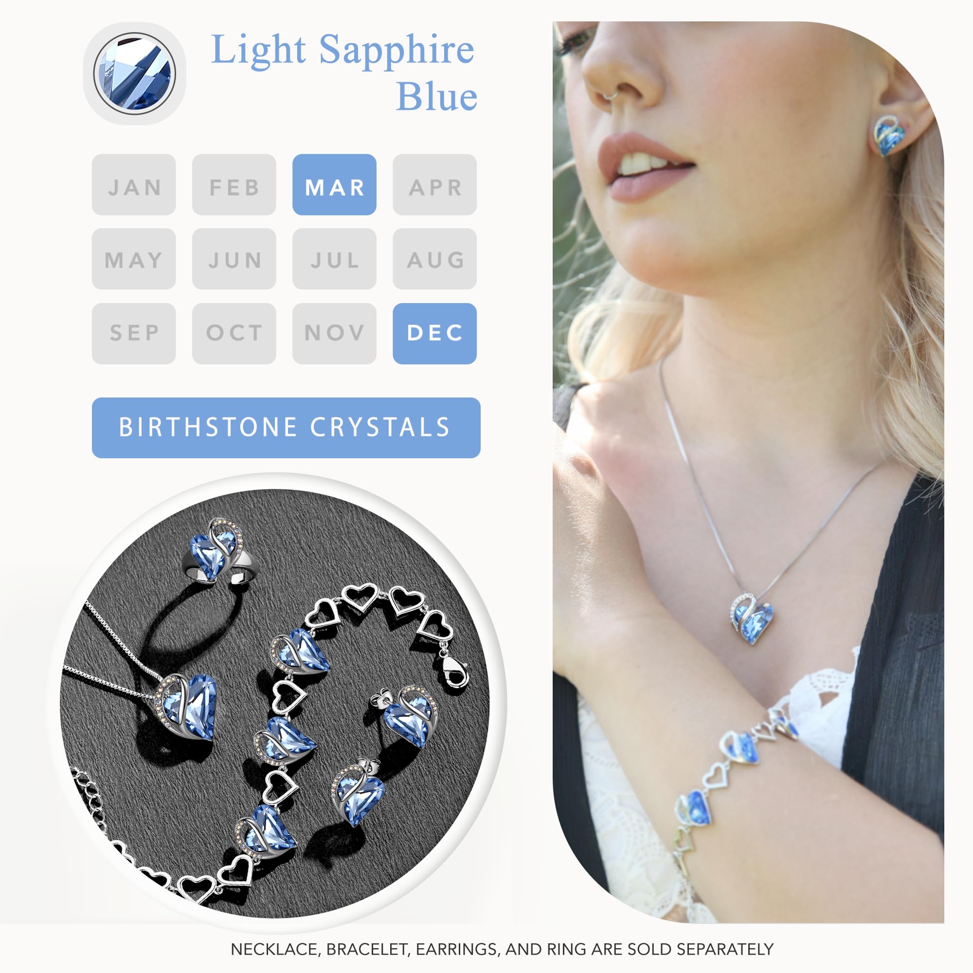 Leafael Holiday Gift Necklaces for Women, Infinity Love Light Sapphire Blue Heart Pendant, Birthstone Crystal for March & December, Silver Plated 18" + 2" Chain, Christmas Jewelry or Birthday Gifts