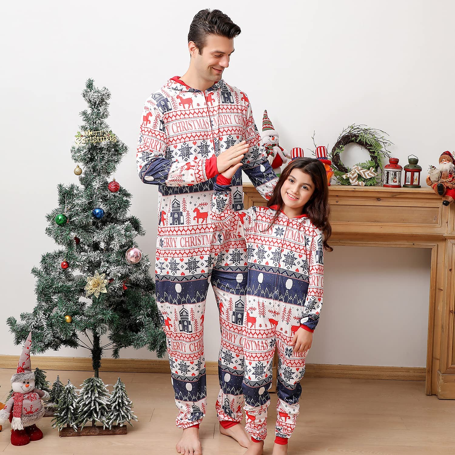 ANGELGGH Family Matching Christmas Onesie Pajamas, Vacation Cute Printed One Piece Pajamas, Xmas Hooded Holiday Sleepwear (Youth, 2-3T, Striped Snowflake)