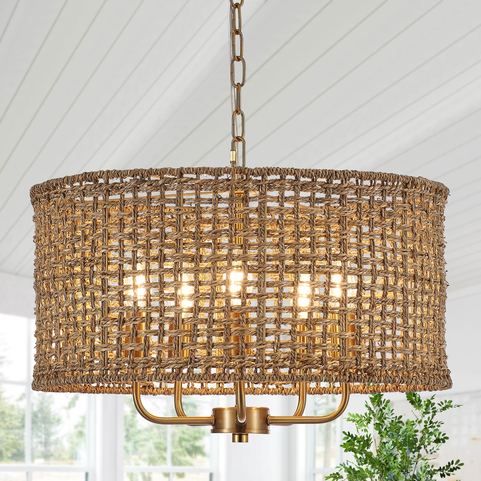 YOMECOO Hand-Woven Rattan Chandelier Vintage Farmhouse Boho Bamboo Chandelier Light Fixture Mini Retro 5-Lights Drum Wicker Rattan Chandelier for Dining Room, Kitchen, Living Room