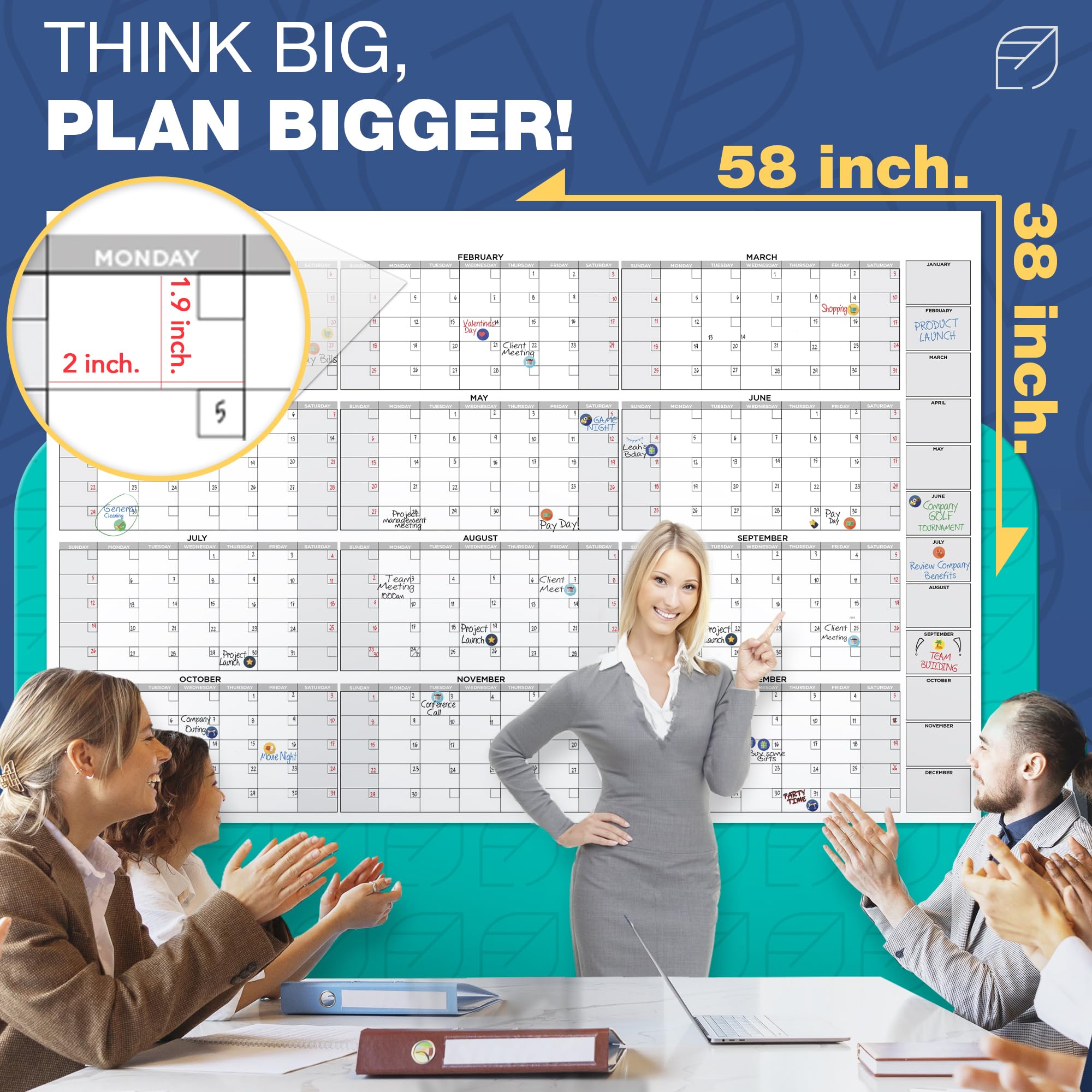 Giant Wall Calendar 2025, 38" x 58" - Dry Erase, Undated, Yearly, Reusable - 12 Month Large Whiteboard for Home, Classroom & Office, Includes Markers, Eraser & Accessories