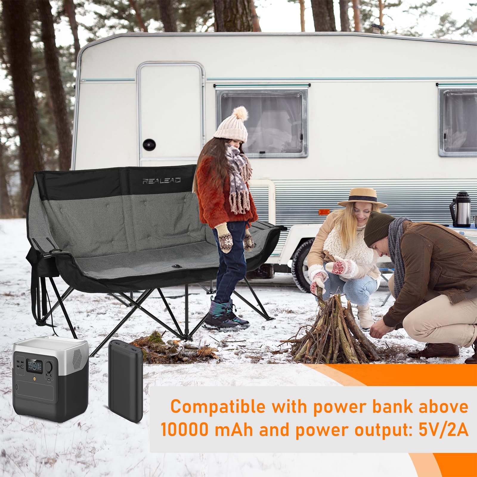 REALEAD Heated Loveseat Camping Chair | 3 Heat Levels and 4 Heating Zones | Portable Heated Chair for Outdoor Sports | Support 550lbs | Heated Folding Chairs for Outside | Battery NOT Included