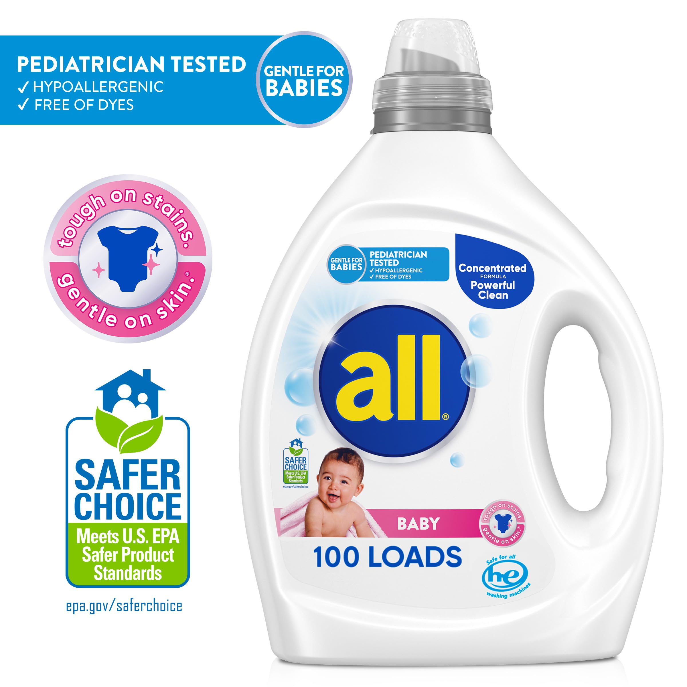 all Liquid Laundry Detergent, Gentle for Baby, Hypoallergenic & Free Of Dyes, 2X Concentrated, 100 Loads
