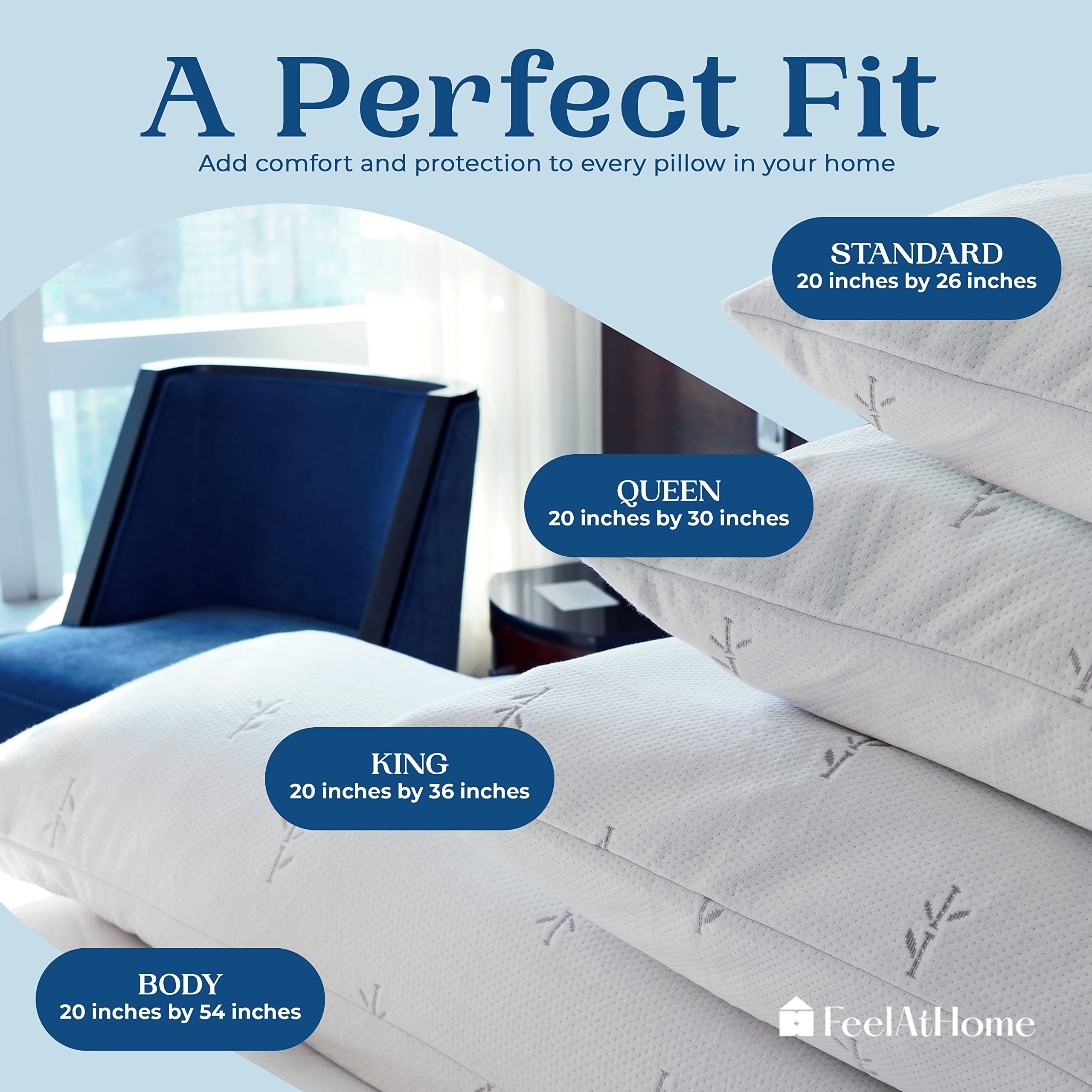 FeelAtHome 65% Polyester and 35% Rayon Derived from Bamboo Cooling Pillow Cover Waterproof - 20 x 54 Inches (Body Pillow) - Very Soft & Comfortable Zippered Pillow Cover Pillowcase