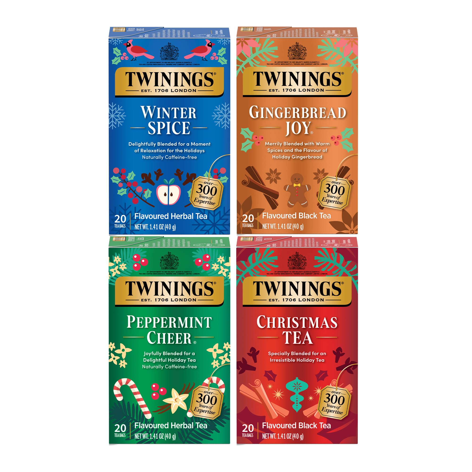 Twinings Holiday Variety Pack Tea Bags, Christmas Tea, Winter Spice, Gingerbread Joy, Peppermint Cheer, 20 Count (Pack of 4), Enjoy Hot or Iced