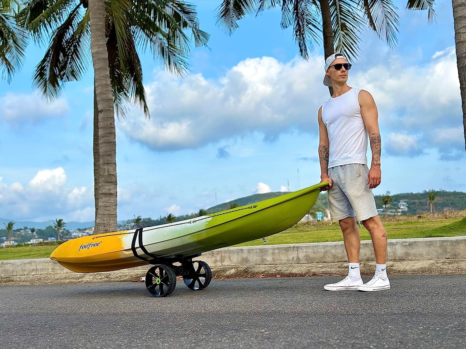 Ulticor Kayak Cart, Puncture-Free Wheels Assembles and Disassembles Within Seconds – Easy to Store – No Tools Required – All-Terrain Durable Kayak and Canoe Cart with Adjustable Straps (Green - Black)