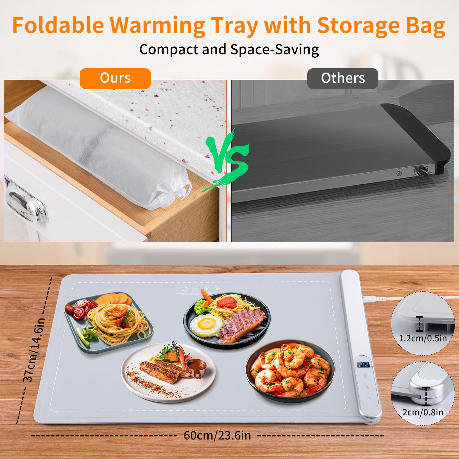 Fuloon Rollable & Portable Electric Warming Tray,Upgreaded Graphene Heating Food Warming Mat with Overload Protection and Storage Bag Made of Premium Silicone Nano-Material (23.6 * 14.6in) (Grey)