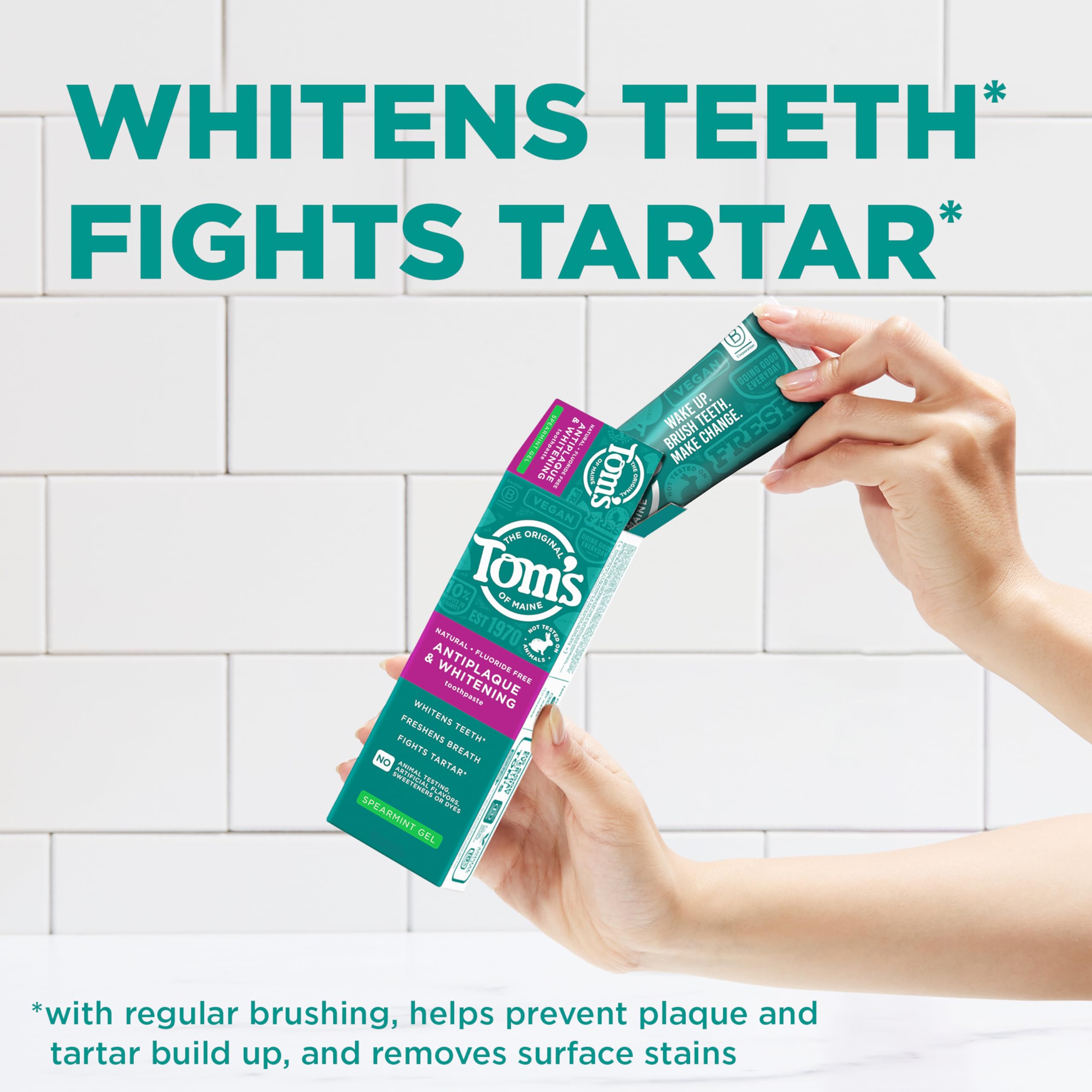 Tom's of Maine Antiplaque and Whitening Fluoride Free Natural Toothpaste Gel, Vegan, Spearmint, 4 Ounces (3 Pack)