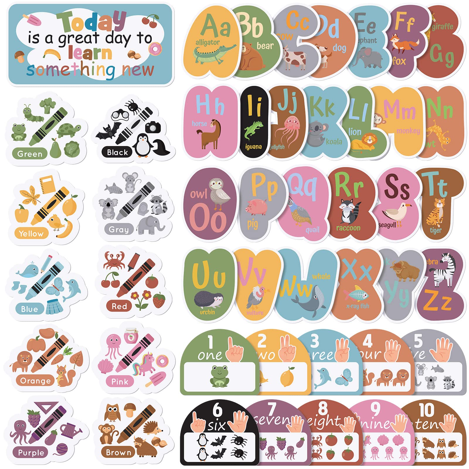 Crtiin 47 Pcs Bulletin Board Alphabet Set Classroom Wall Boho Educational Number Poster ABC Animal Learning Cutout Set Color Number Letters Wall Decals School Teaching Tool Homeschool Supplies