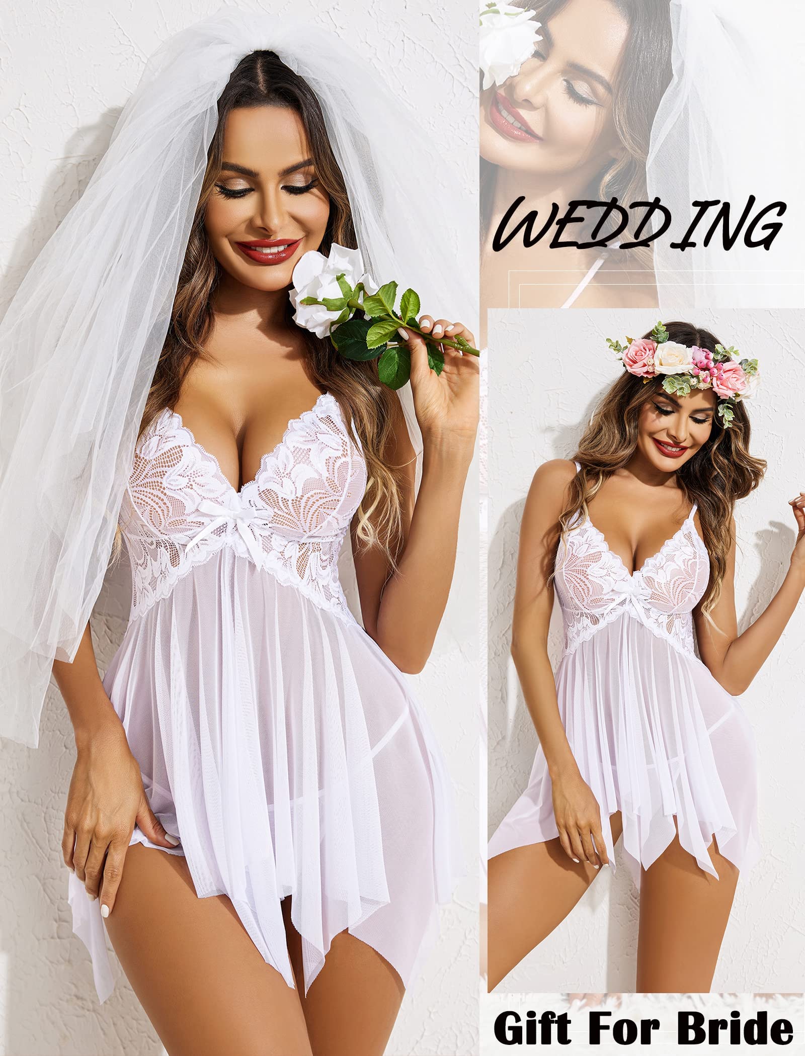 Avidlove Wedding Lingerie for Bride Lace Babydoll Sexy Lace Sleepwear for Women White