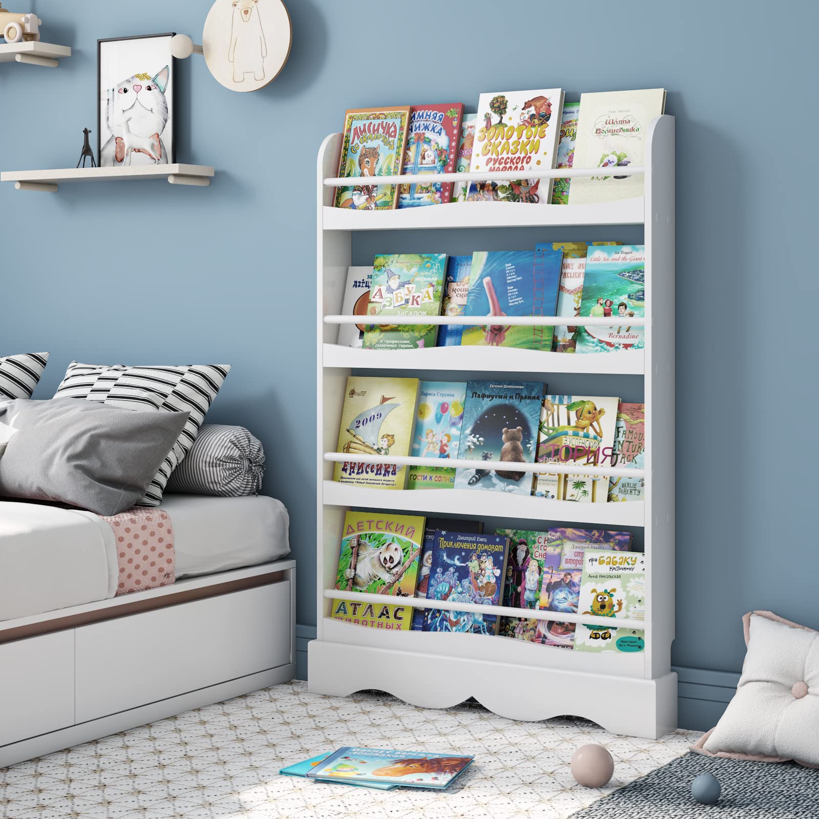 FOTOSOK Kids Bookshelf, 4-Tier Book Shelf Organizer for Toys and Books, Toy Storage Bookshelf in Bedroom, Living Room and Nursery, White