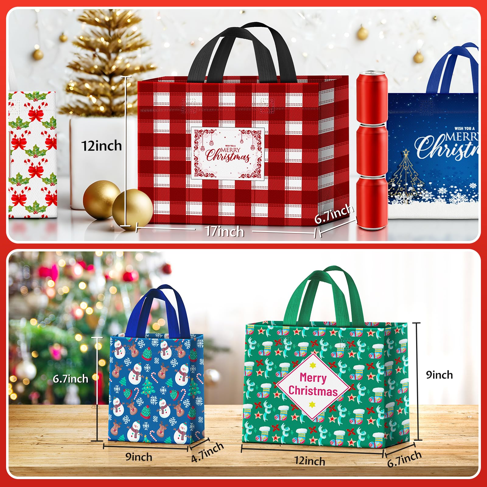 BlessedSeason 20 Pack Christmas Gift Bags Assorted Sizes, Reusable Tote Bags with Handle, Includes 4 Large 8 Medium 8 Small Christmas Goodie Bags for Her He, for Xmas Celebration Gift