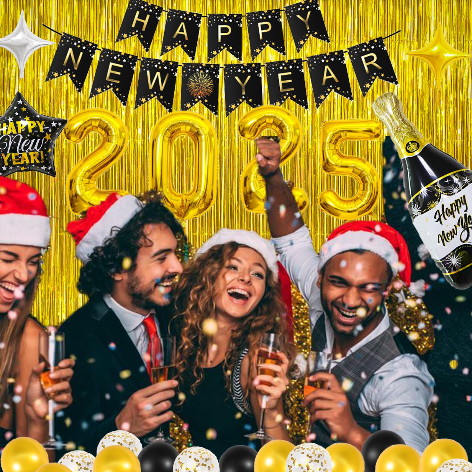 New Years Decorations 2025, New Years Eve Party Supplies 2025 - Happy New Year Decorations Kit 2025 Nye Decorations Decoracion de año nuevo 2025 Gold and Black Happy New Year Decor