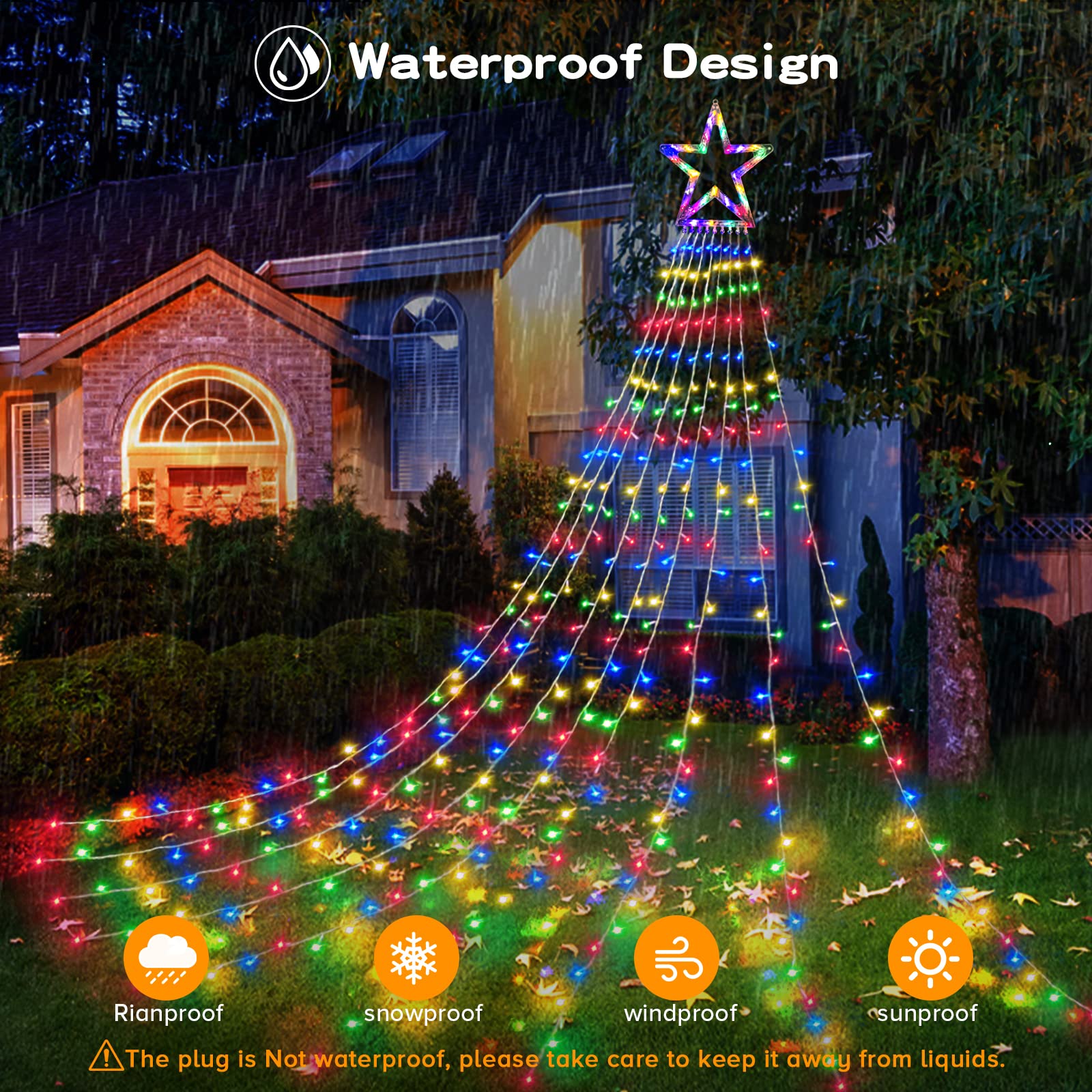 BlcTec Outdoor Christmas Decorations, 317 LEDs Christmas Lights with 9 Strands 11.9ft Waterfall Christmas Tree Lights, 8 Modes, Waterproof, Topper Star & Timer for Yard Patio Xmas Décor, Multicolor