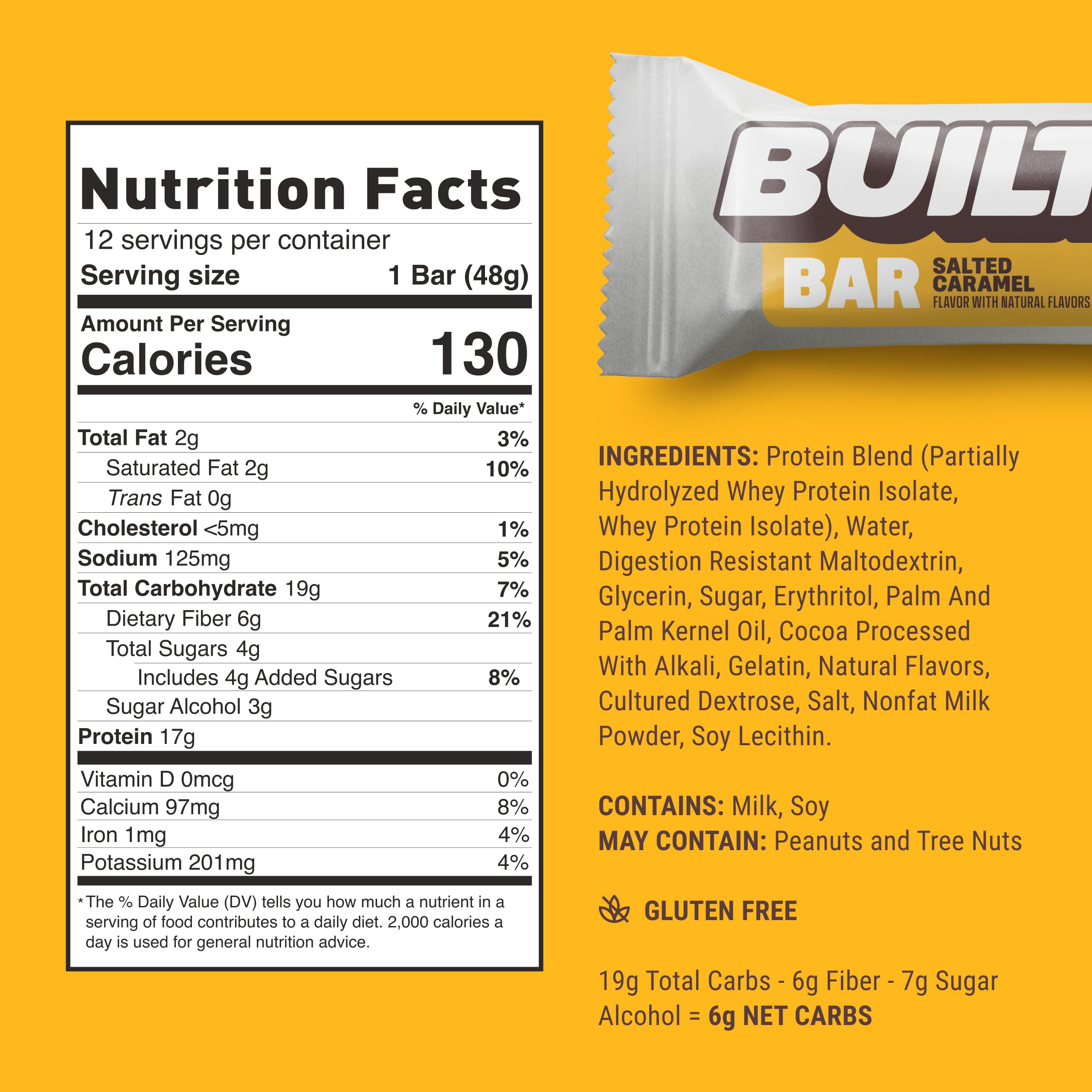 BUILT Bar, High Protein Bars, 17g High Protein Snacks, On-The-Go Bars with only 130 Calories & 4g Sugar, Salted Caramel, 12 Count