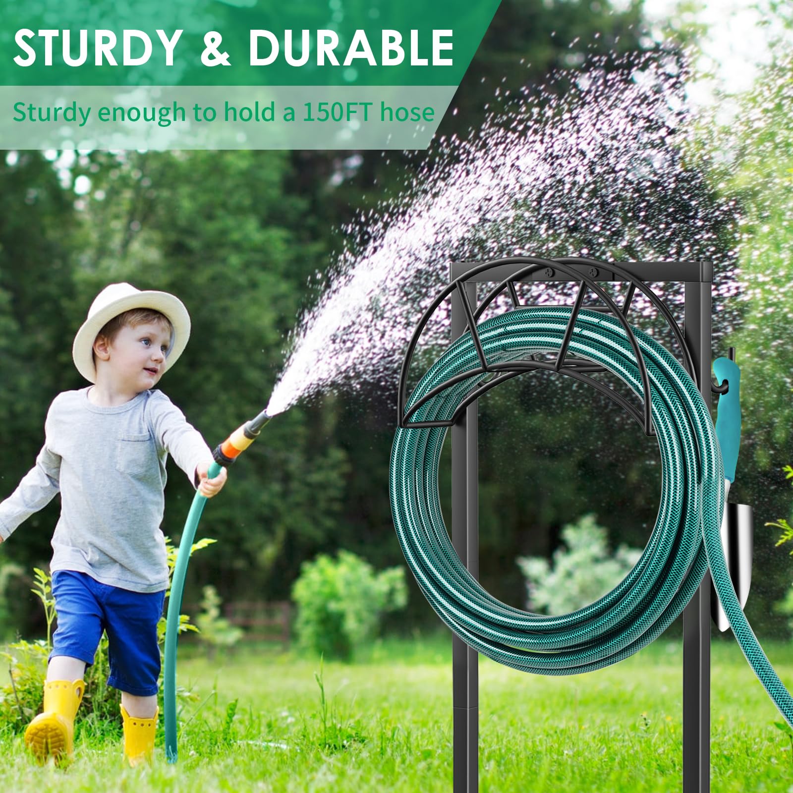 TomCare Garden Hose Holder Water Hose Holder 4 Spikes Garden Hose Reel Hose Stand Upgraded Hose Storage with Tool Hooks Garden Hose Hanger Hose Organizer Holds 150ft Hose for Outside Yard Lawn, Black