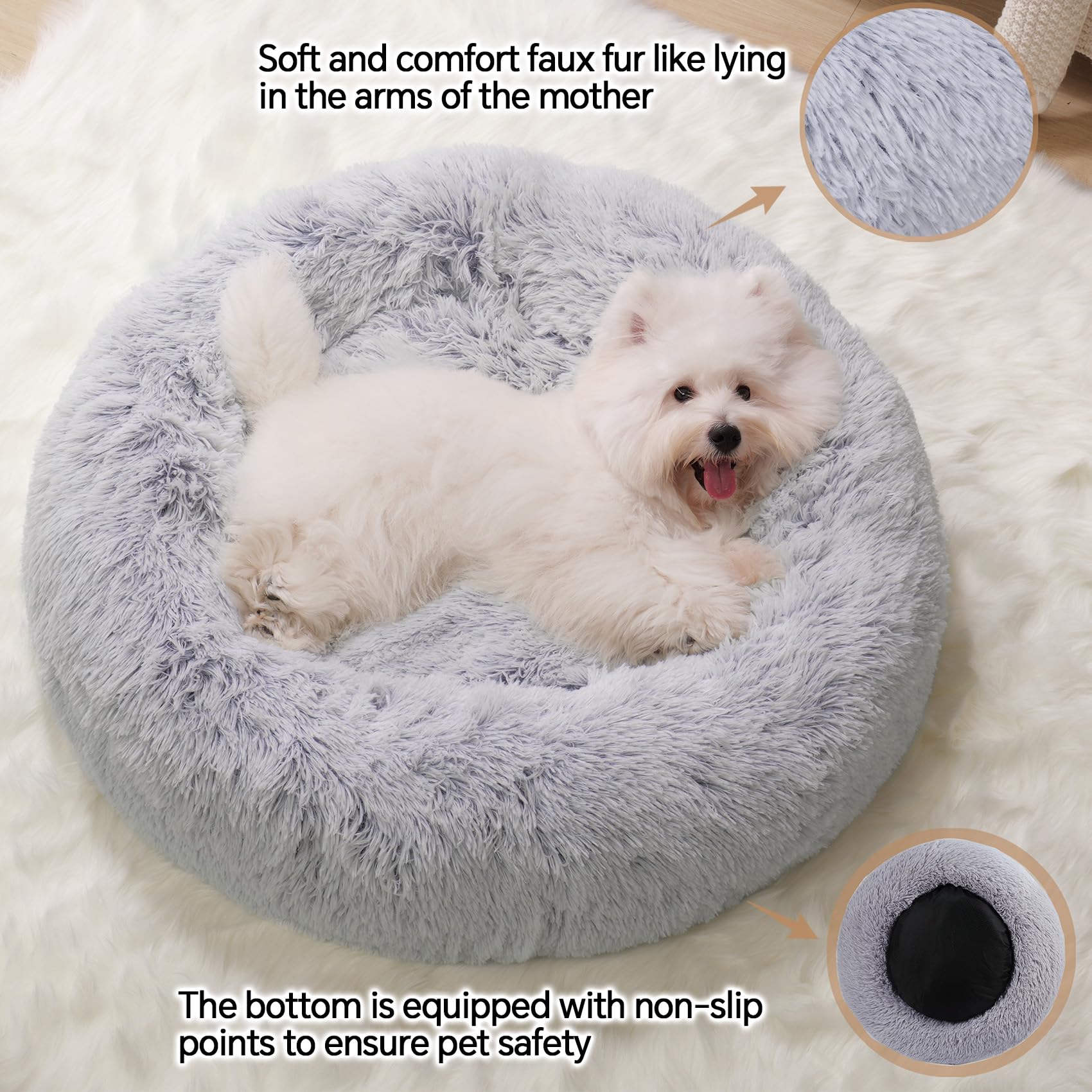 Calming Small Dog Bed & Cat Bed, Donut Fluffy Anti-Anxiety Round Washable Cute Bed, Plush Cozy Cuddler Warming Soft Comfort Pet Puppy Bed for Small Medium Dogs, 20inch,Light Grey