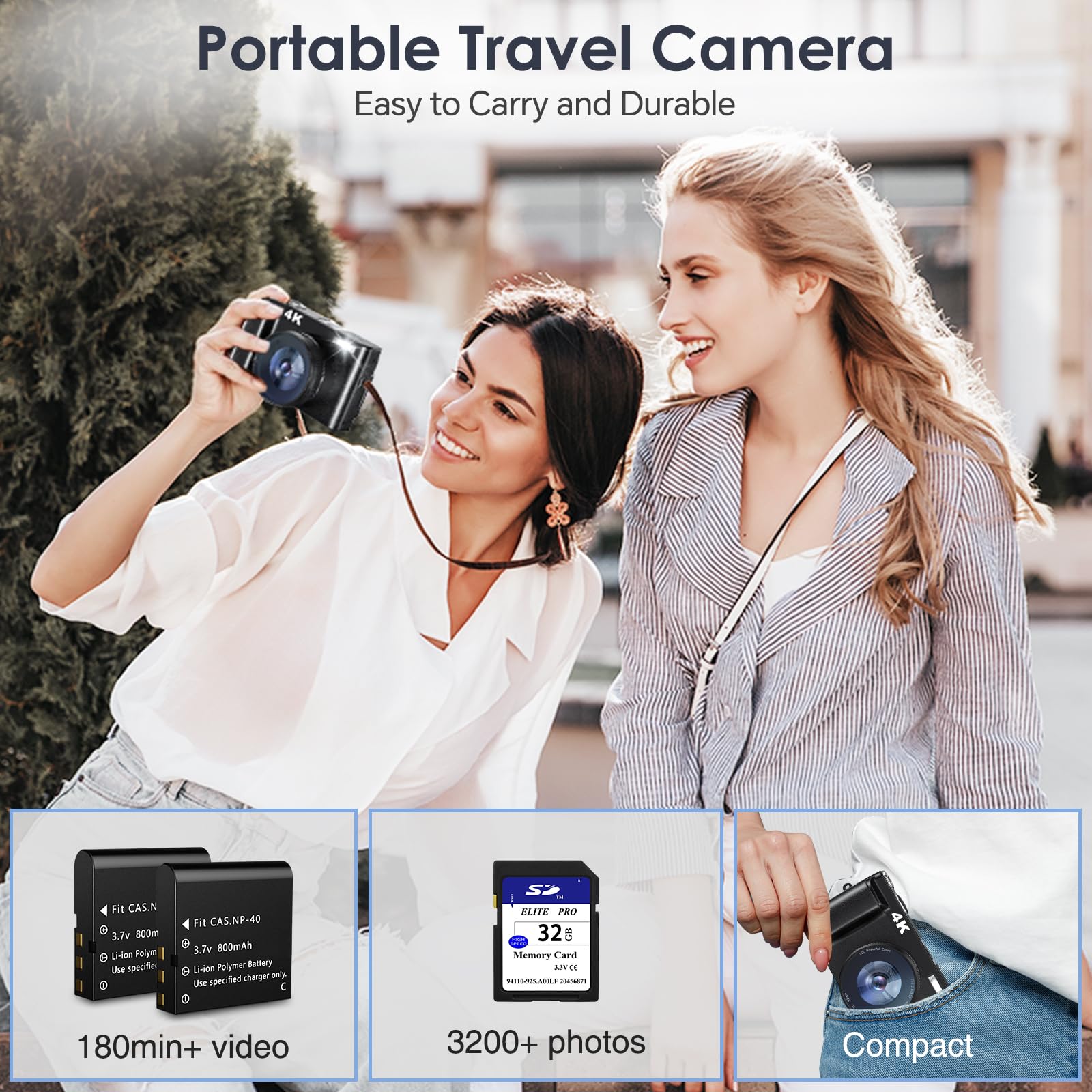 Newest 4K Digital Camera for Photography and Video, 48MP Vlogging Camera with SD Card Autofocus Anti-Shake, 3'' 180° Flip Screen 16X Zoom Digital Camera with Flash, Compact Digital Camera for Travel