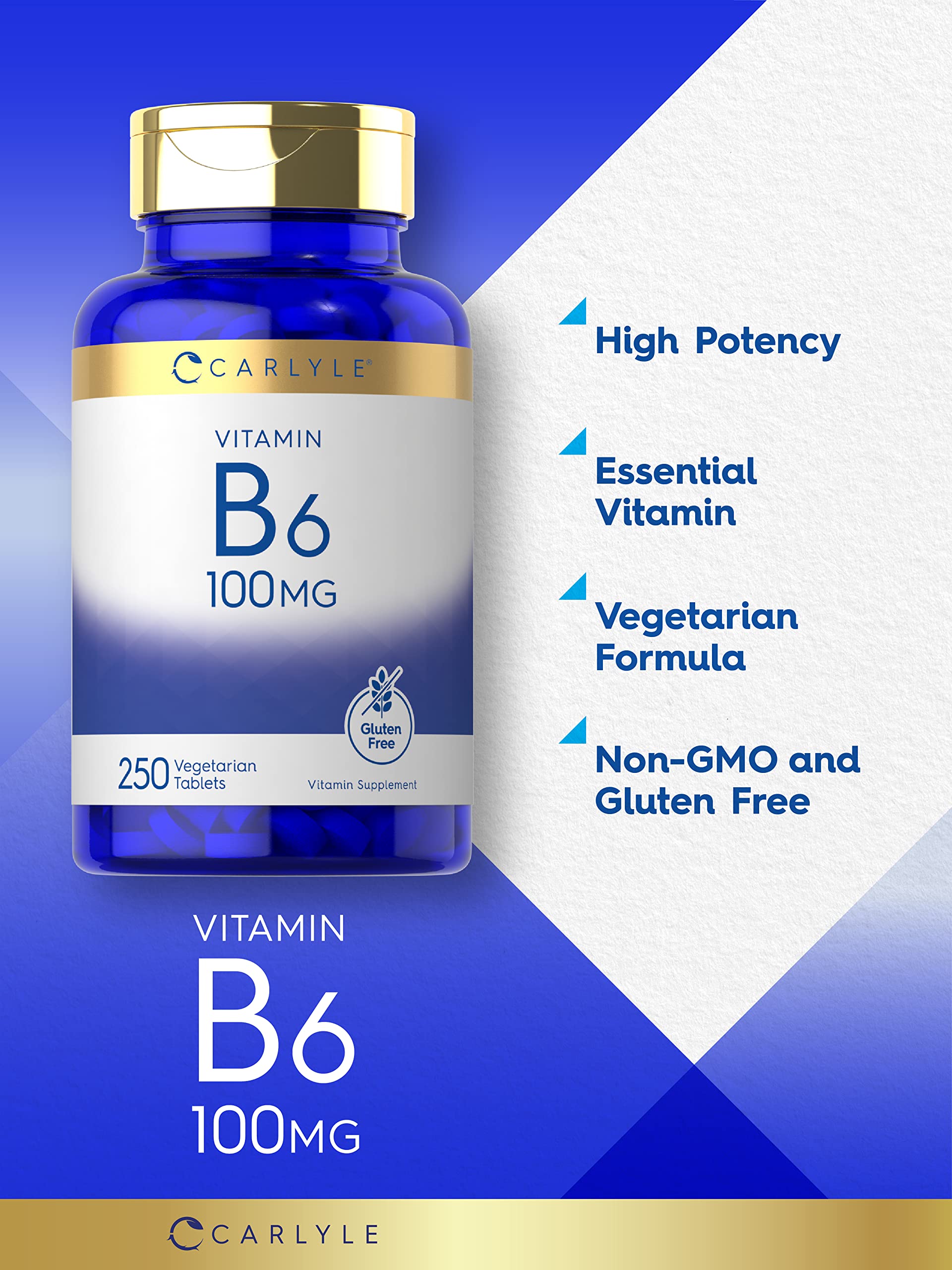 Carlyle Vitamin B6 100mg | 250 Tablets | Pyridoxine Hydrochloride Supplement | Vegetarian, Non-GMO, Gluten Free