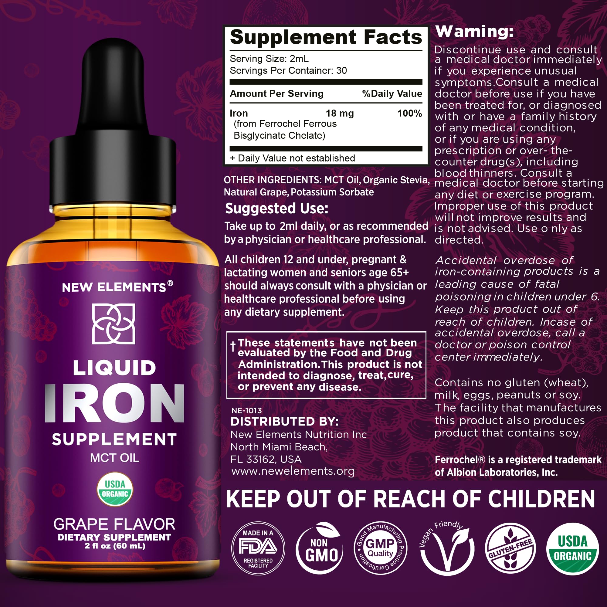 Iron Supplement for Women & Men Free Blood Builder, Iron Vitamin for Anemia USDA Organic Liquid Iron Drops for Adults with MCT Oil, Natural Grape Flavor, Faster Absorption & Immune Support, 2 Fl Oz