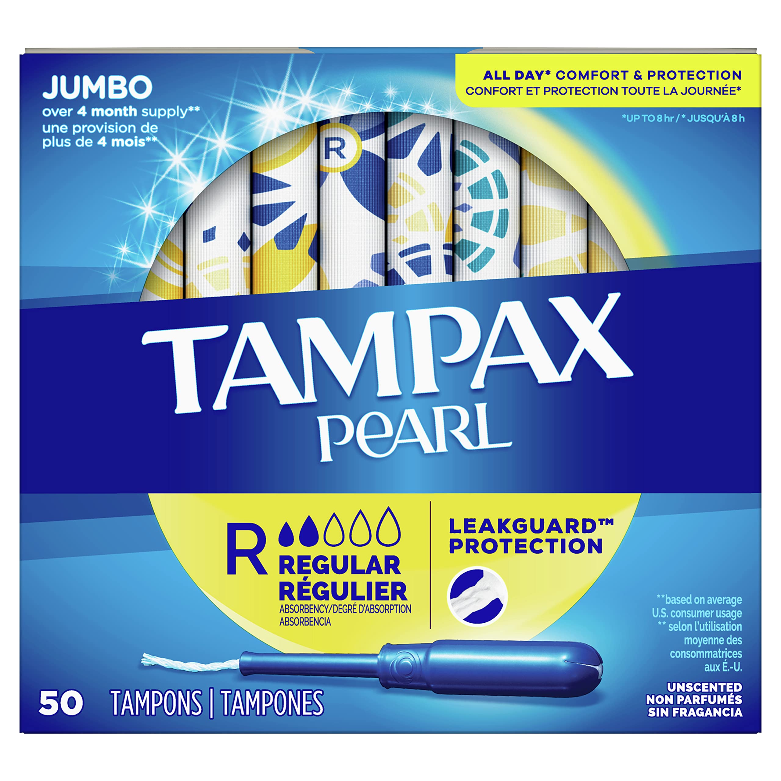 Tampax Pearl Tampons with Plastic Applicator, Regular Absorbency, 50 Count, Pack of 4 (200 Count Total)