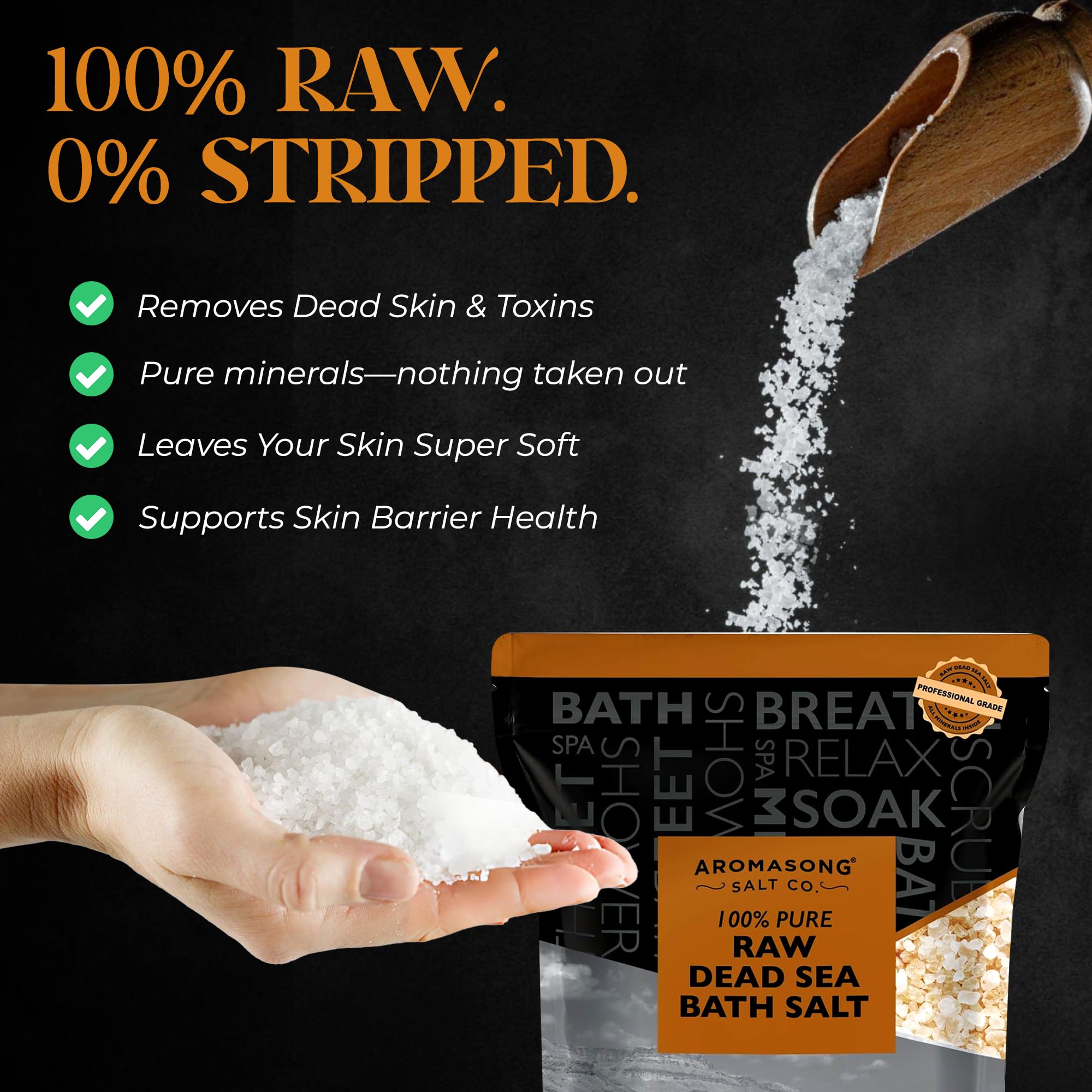 Aromasong Raw Dead Sea Bath Salt - Minimally Cleaned, Contains More Dead Sea Minerals Including Dead Sea Mud - 100% Pure & Natural Dead Sea Salts for Soaking 19 LB - Bulk Resealable Pack