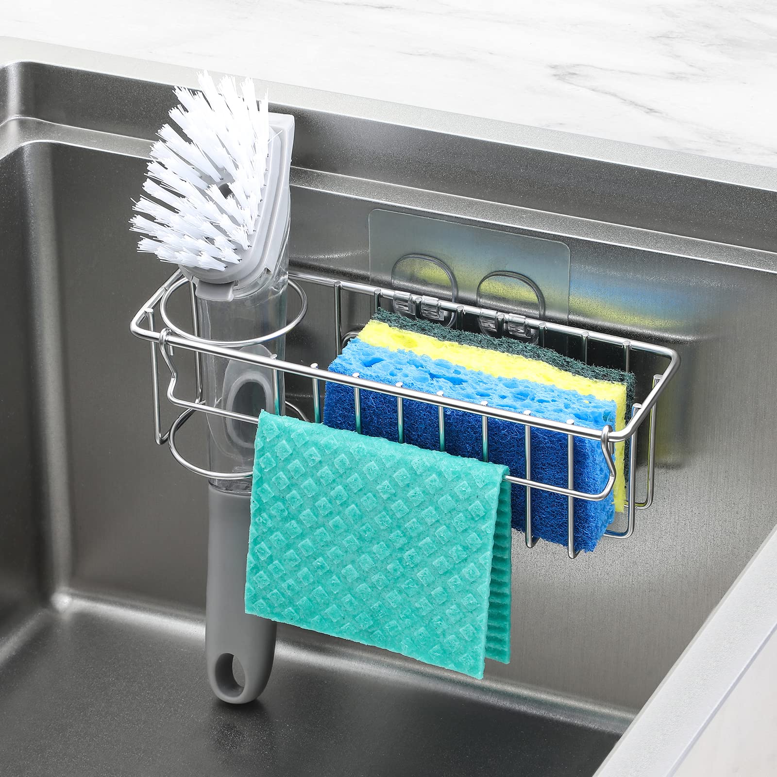 3-In-1 Sponge Holder for Kitchen Sink, 2 Suspension Options(Suction Cups & Adhesive Hook), Hanging Sink Caddy Organizer Rack - Sponge, Dish Cloth, Brush, Scrubber, Soap Tray, 304 Stainless Steel