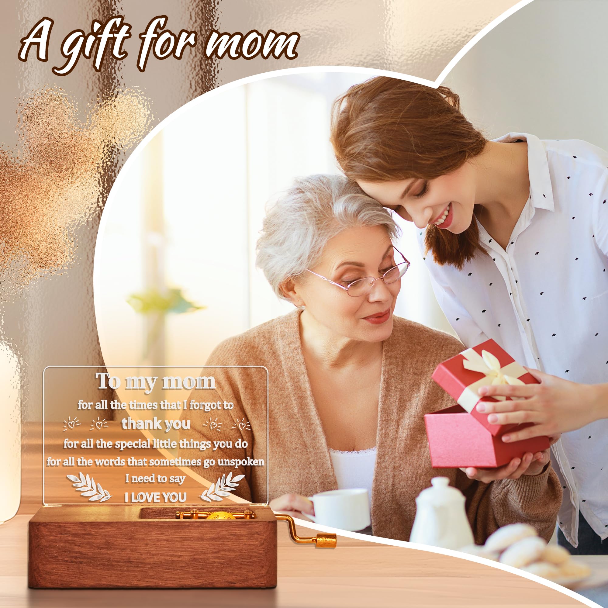 OkiyiD Gifts for Mom, Mom Birthday Gifts from Daughter Son, You are My Sunshine Music Box Hand Crank Engraved - Lighting Musical Box Idea