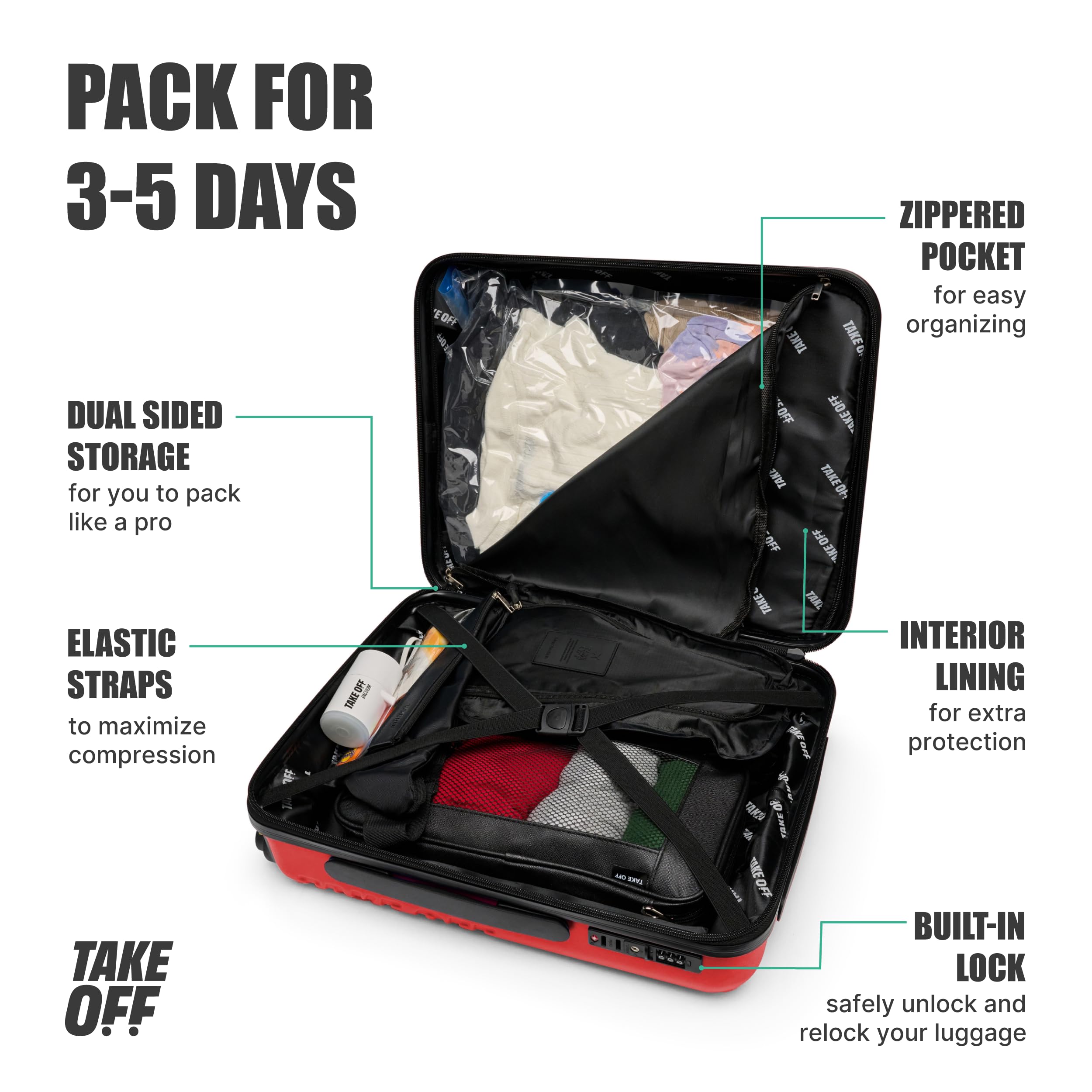 Take OFF Luggage - Personal Item Rolling Suitcase 2.0, TSA Approved, Small Carry On, Under the Seat, Hard Case with Removable Wheels, Light Weight Bag, Airplane Travel Essential Accessories, 18x14x8