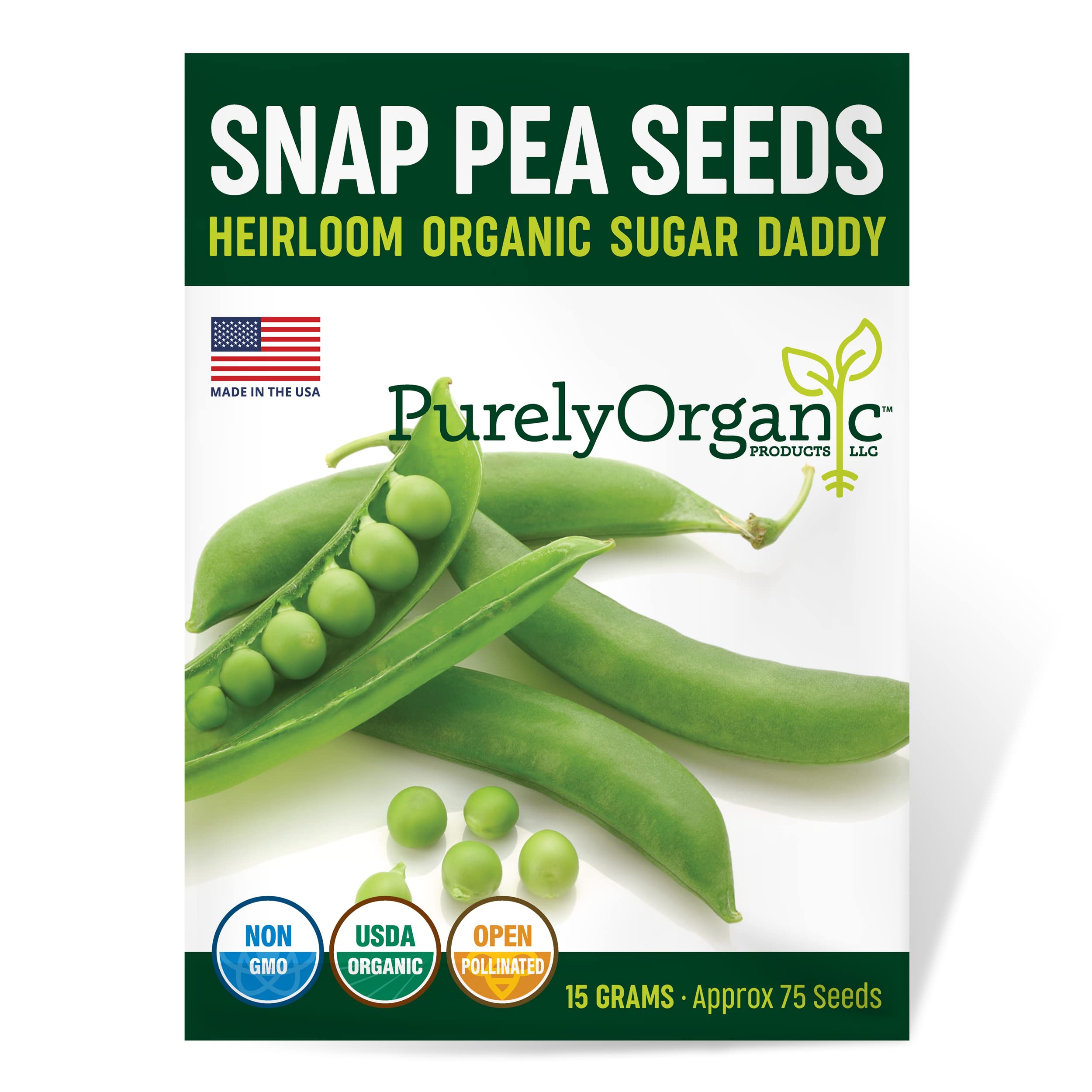 Organic Snap Pea Seeds (Sugar Daddy) - Approx 75 Seeds - USDA Organic, Non-GMO, Open Pollinated, Heirloom, USA Origin