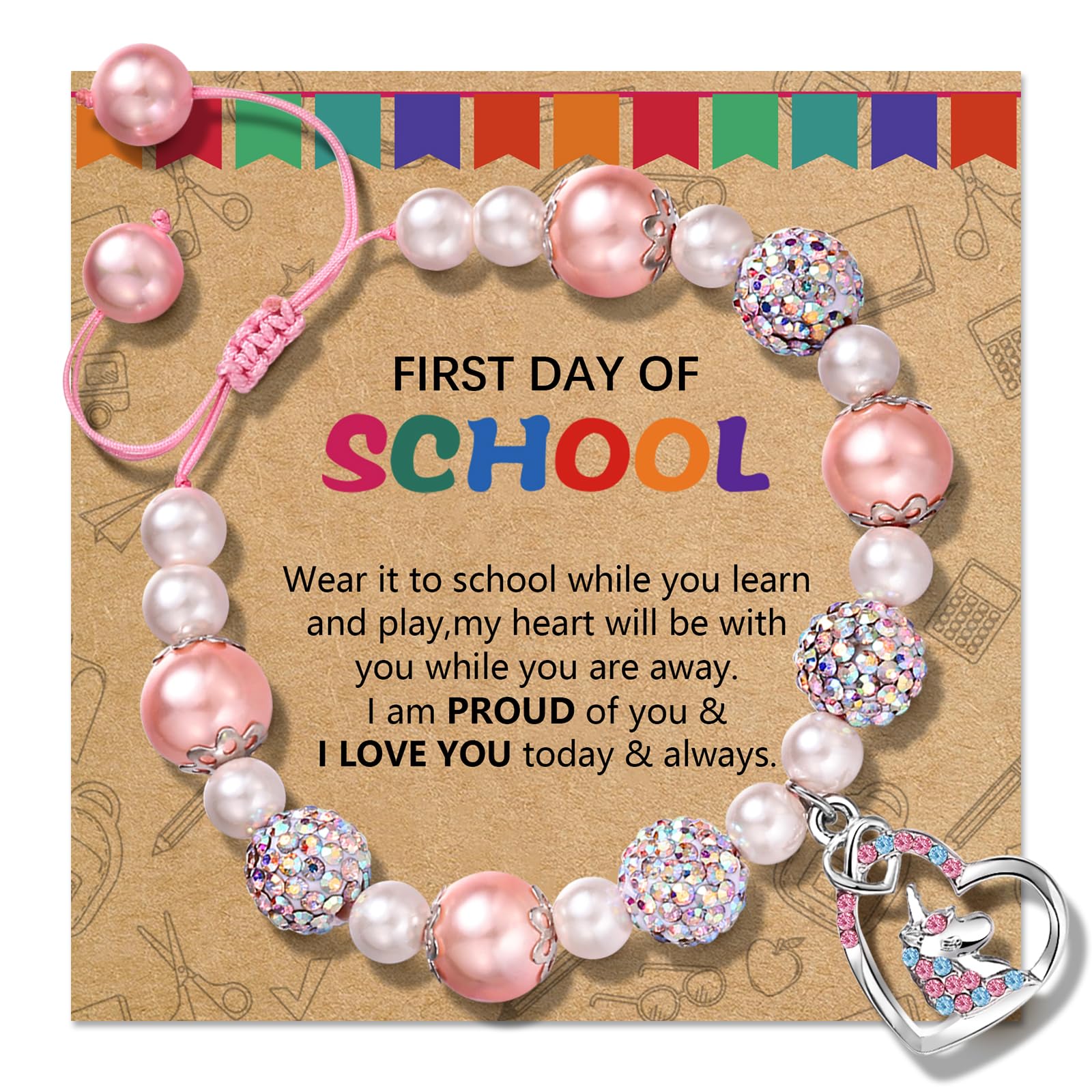 Alissl Unicorn Bracelet for Girls, Back to School Adjustable Pink Pearl and Rhinestone Balls Gifts for Girls Daughter Granddaughter Niece