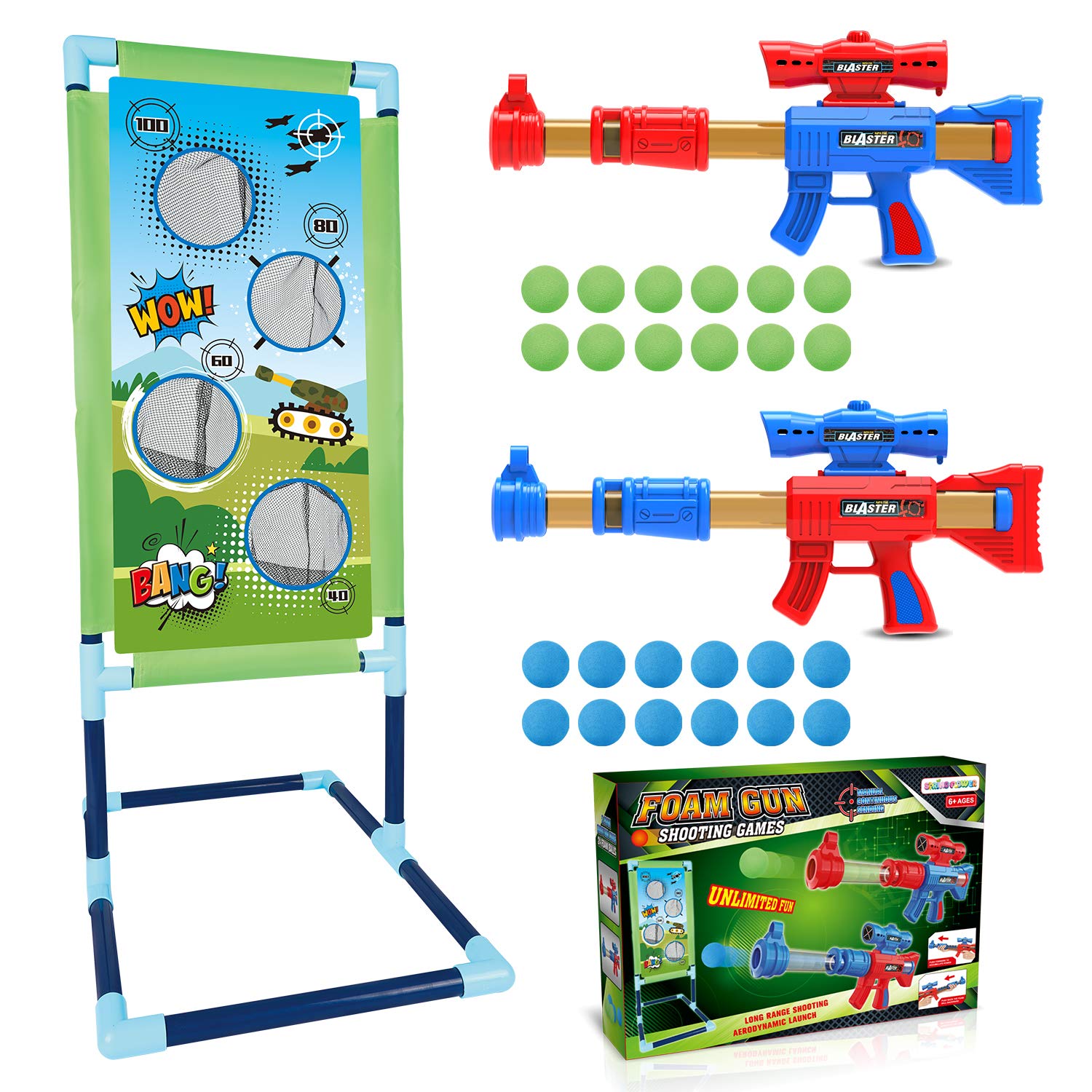 SpringFlower Shooting Game Toy for 5 6 7 8 9 10+ Years Olds Boys,2pk Foam Ball Popper Air Toy Guns with Standing Shooting Target,24 Foam Balls, for Kids