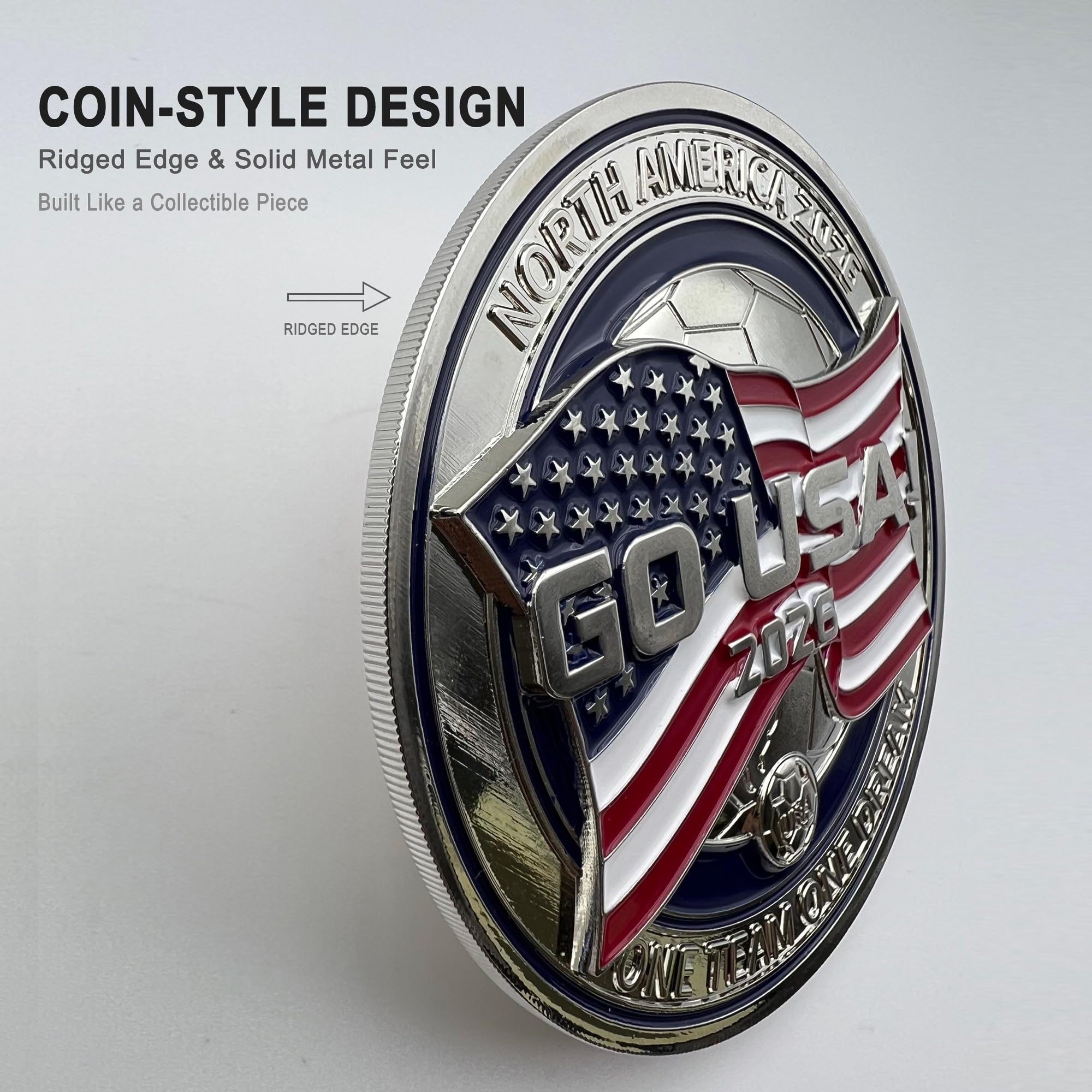 USA Soccer Fridge Magnet, Go USA 2026 Fan Gift, 3D Metal Coin-Style Magnet with Ridged Edge, Solid Zinc Alloy Collectible, Premium Gift Box Included
