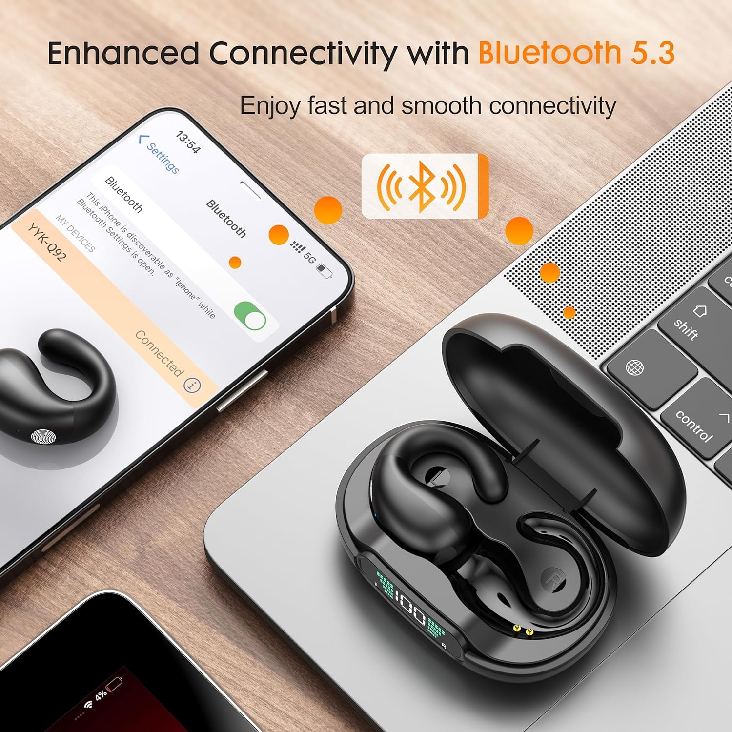 Open Ear Clip on Headphones, Wireless Earbuds Bluetooth 5.3 Sport Earphones Built-in Mic with Ear Hooks 36H Playtime Ear Buds LED Display Charging Case, Waterproof Design for Running Fitness, Black