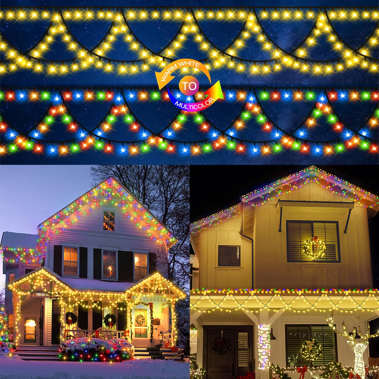 KAZOKU Christmas Light Outdoor 380LED 40FT Waterproof Fairy String Lights Extendable Half-Round Christmas Lights Remote Control 11 Lighting Modes House Indoor Yard Holiday Decorations(Warm&Multicolor)