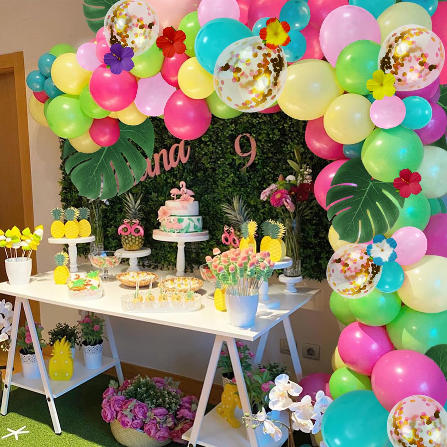 Tropical Luau Balloon Arch Kit with Green Pink Blue Balloons and Palm Leaves Hibiscus Flowers for Hawaiian Luau Tiki Tropical Birthday Party Decorations Supplies, 12/10/5 Inch