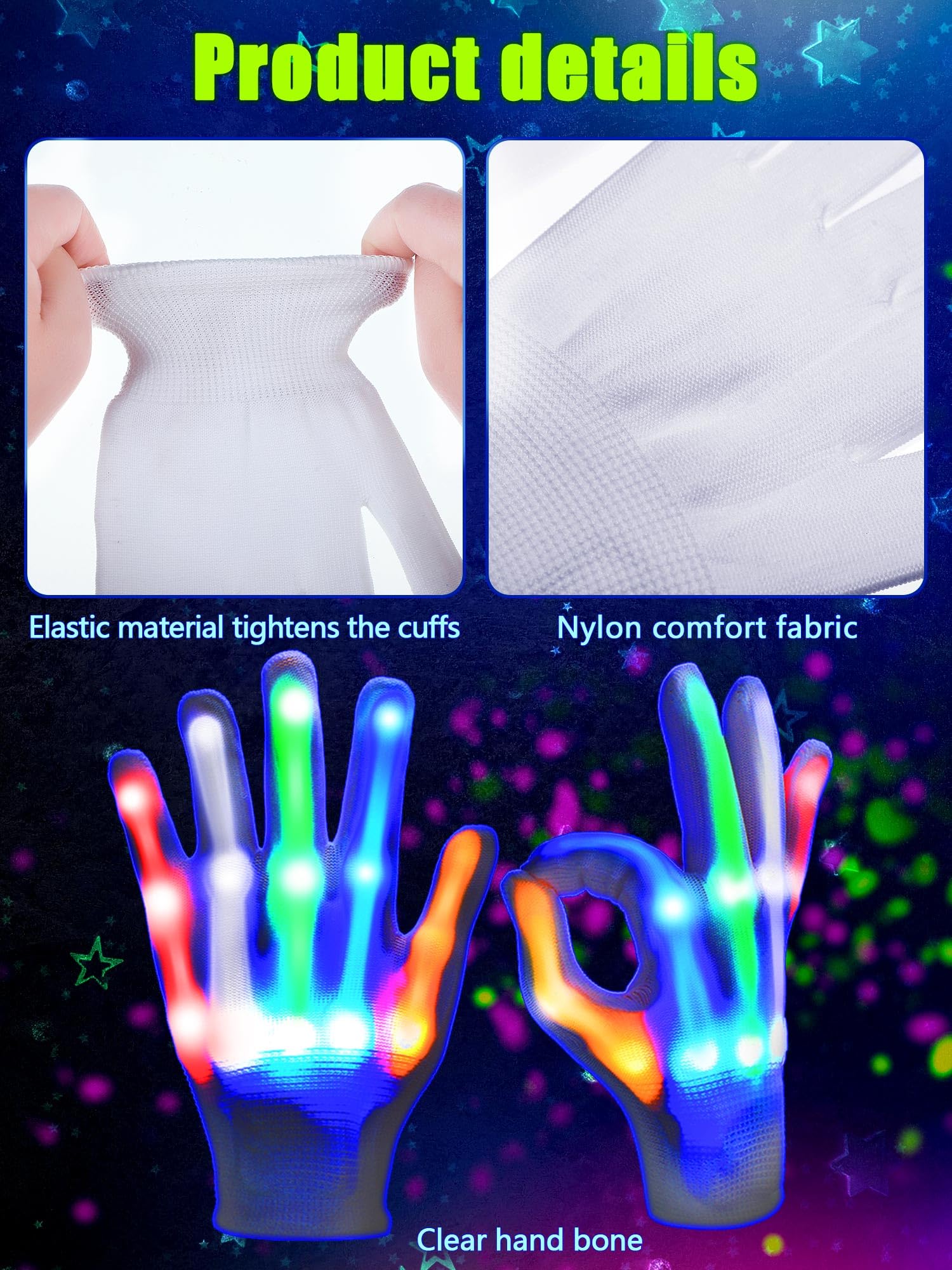 4 Pairs Light Gloves Glow in The Dark Gloves LED Flashing Light Gloves for Halloween Christmas Birthday Parties(Adult Size)