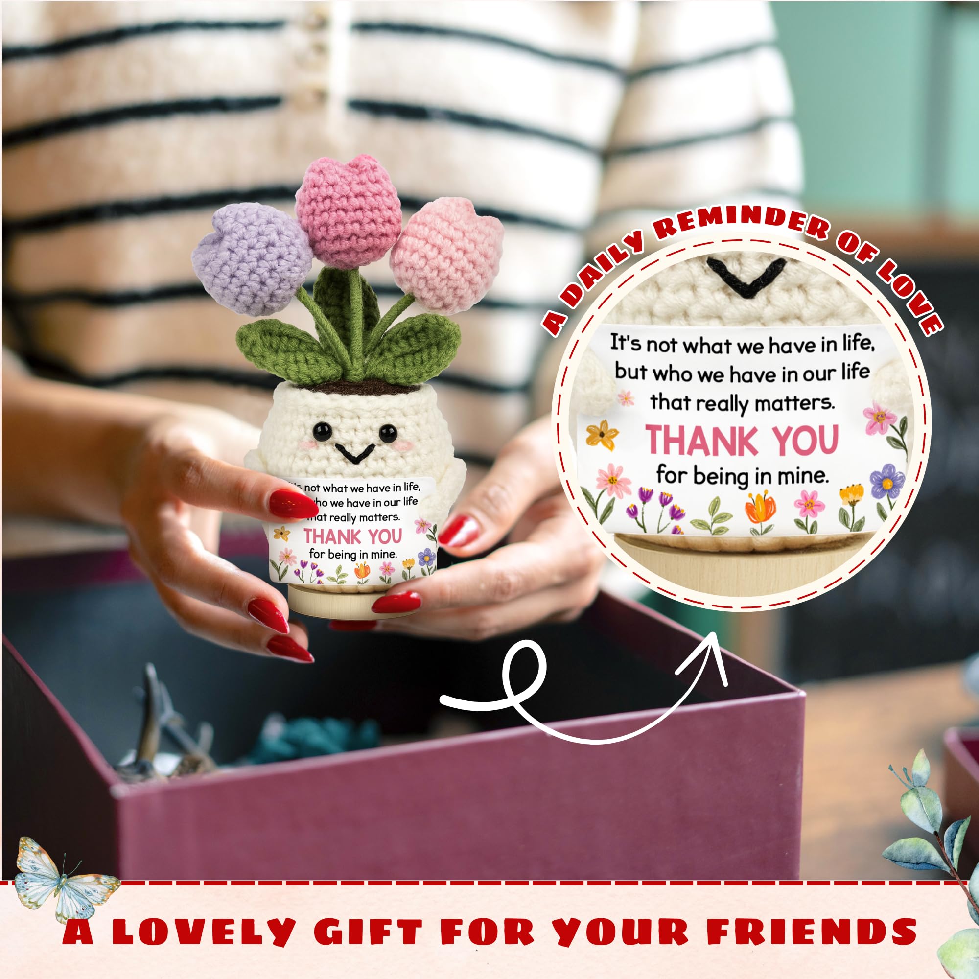Lucagift Best Friend Friendship Gifts for Women - Funny Mothers Day Birthday Gifts for Friends, Bestie, BFF, Bestfriend, Female, Girls - 5.51'' x 4.13'' Knitted Positive Tulip Flowers Friend Crochet