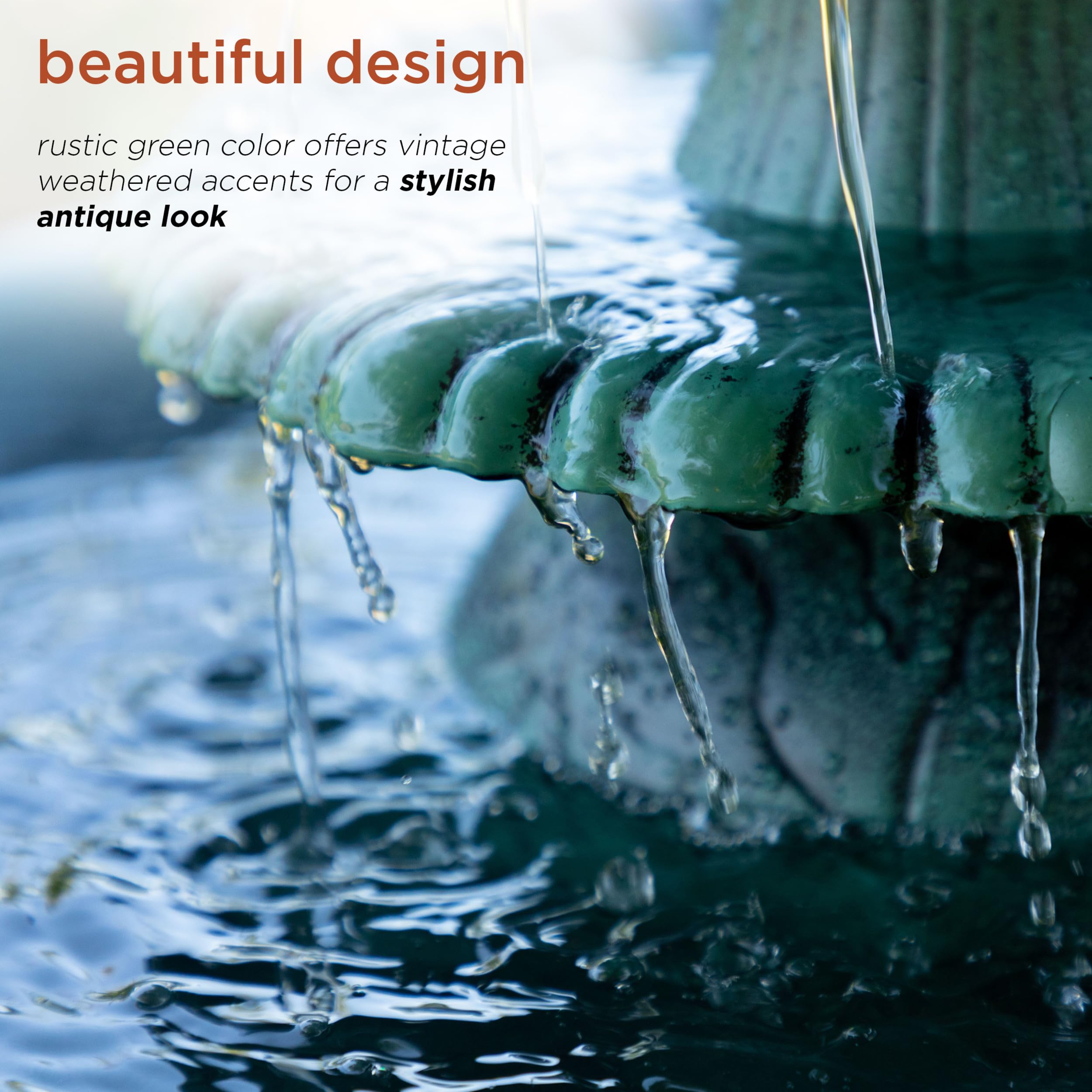 Alpine Corporation - TEC106 Outdoor Floor 3-Tiered Pedestal Water Fountain and Birdbath, Pedestal Waterfall Fountain, 35", Green - Relaxing Water Feature for Garden, Patio, Deck, or Yard