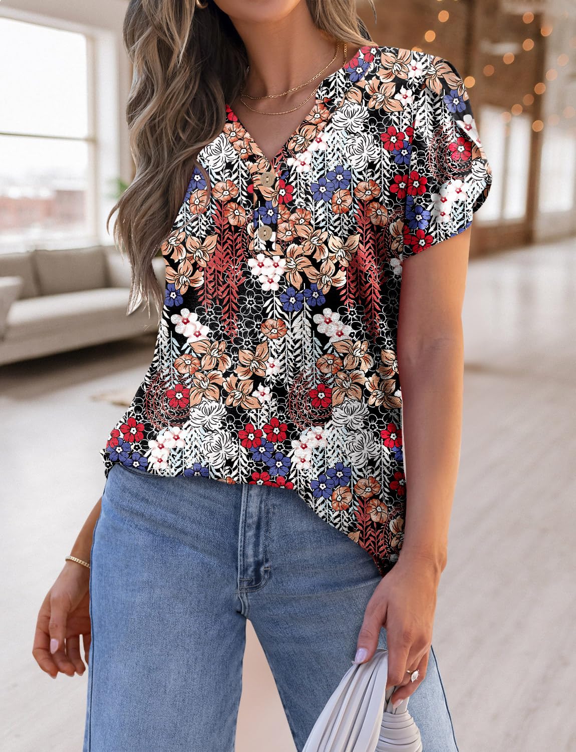 BETTE BOUTIK Tunic Tops Womens Summer Plus Size Casual Shirts Short Sleeve Trendy Loose Flowy Dressy Blouses V Neck Floral Cute T-Shirts Black Floral 1X