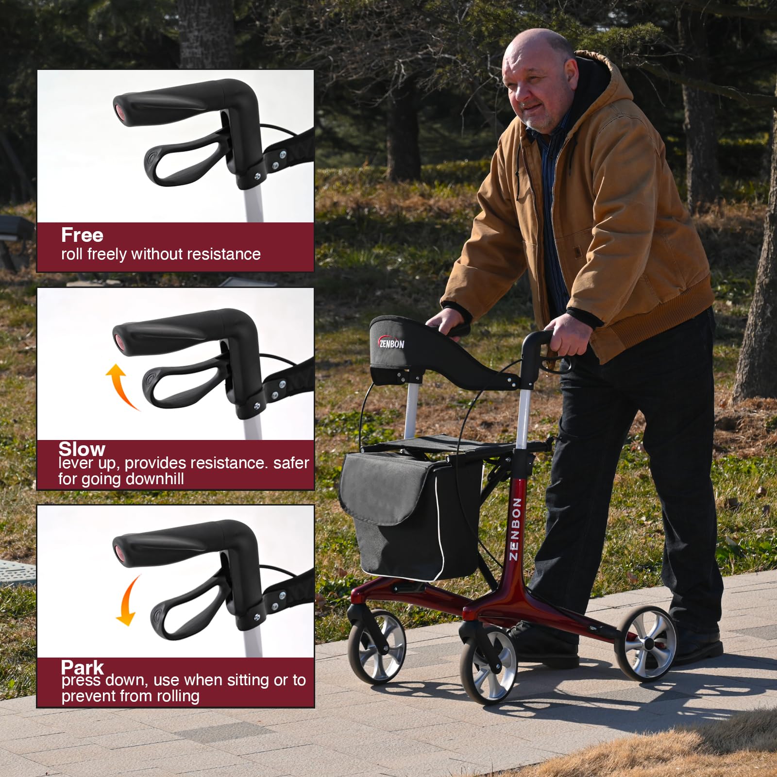 Rollator Walker for Seniors/Adults Foldable Rolling Walker with Seat 440 lbs Capacity 4 Big 7.9 inch Wheels Hand Grips Adjustable Height Lightweight Carbon Fiber Walker Removable Back Support