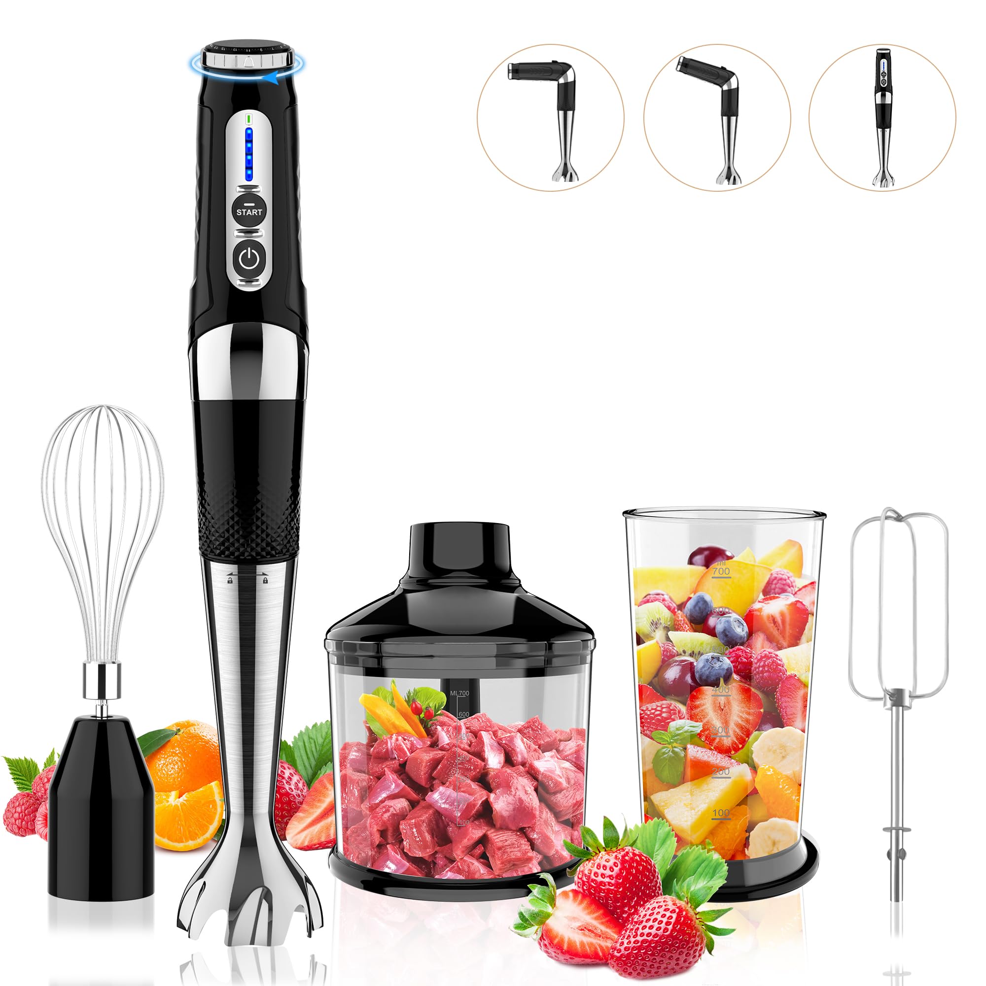 Cordless Immersion Blender: 4-in-1 Rechargeable Electric Hand Blender, 21-Speeds & 3-Angle Adjustable with 700ml Chopper, 700ml Beaker, Egg Whisk and Beater for Smoothies, Soup, Baby Food (Black)