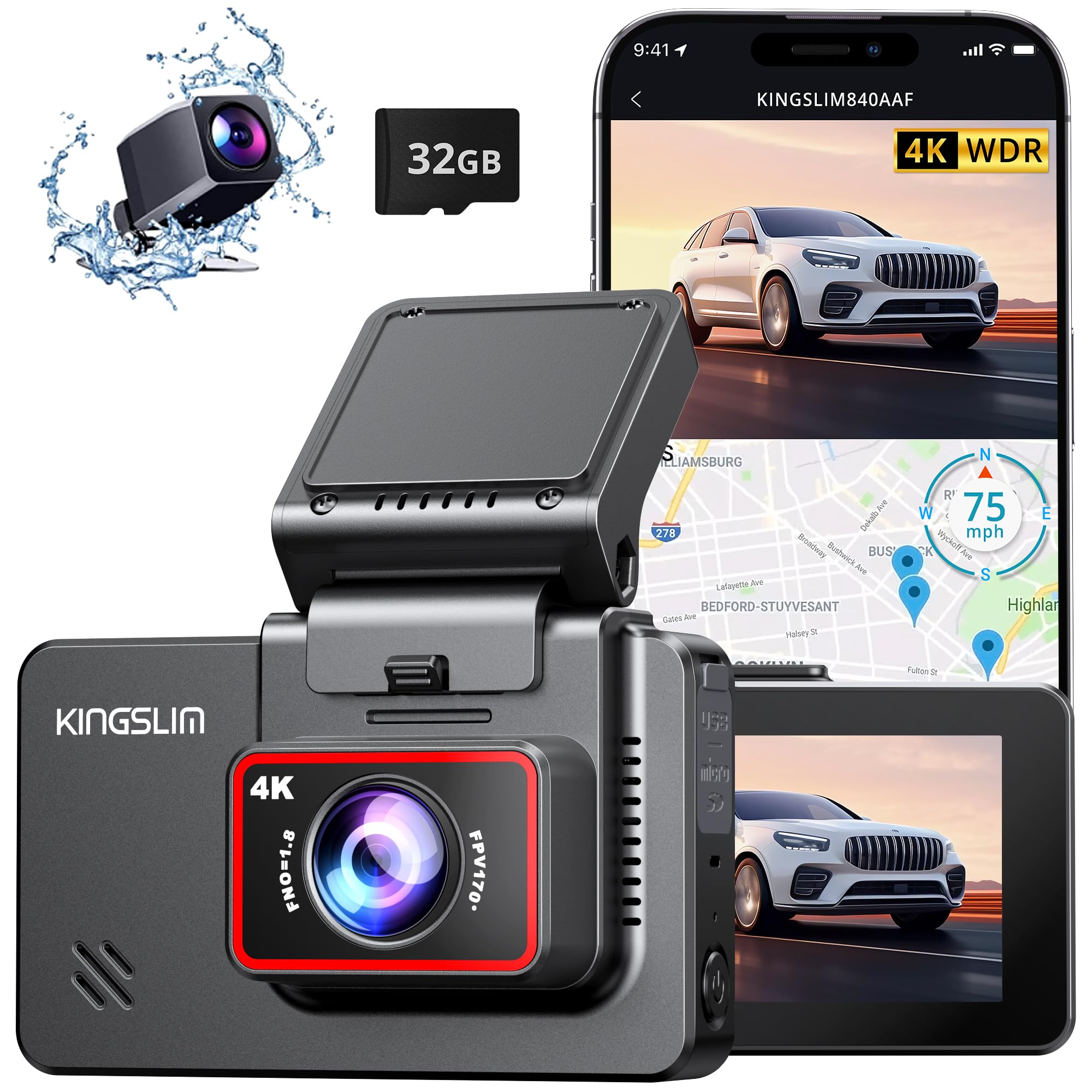 Kingslim Dash Cam Front and Rear 4K - D4 Dual Dash Camera for Cars WiFi GPS, Dashcam with 32GB SD Card, 3" Touchscreen, Night Vision, APP, Parking Mode, G-Sensor, Black