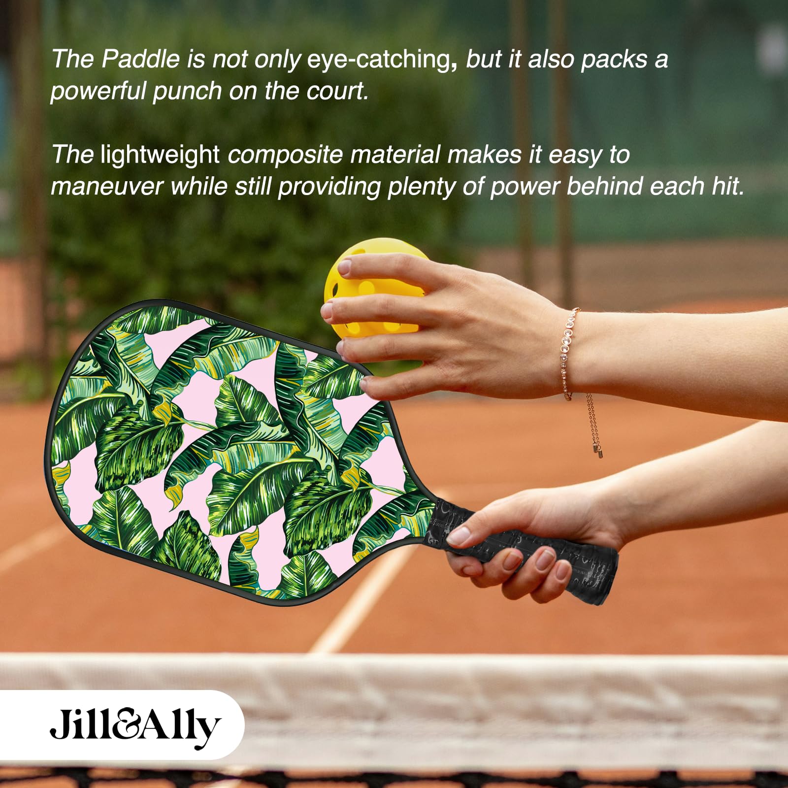 Jill & Ally Lounge Pink Pickleball Paddle, Carbon Fiber Materials, 16.5” x 7.5", Extra Long Handle, Vegan Leather PU Grip, Unique Edge Guard All Skill Levels