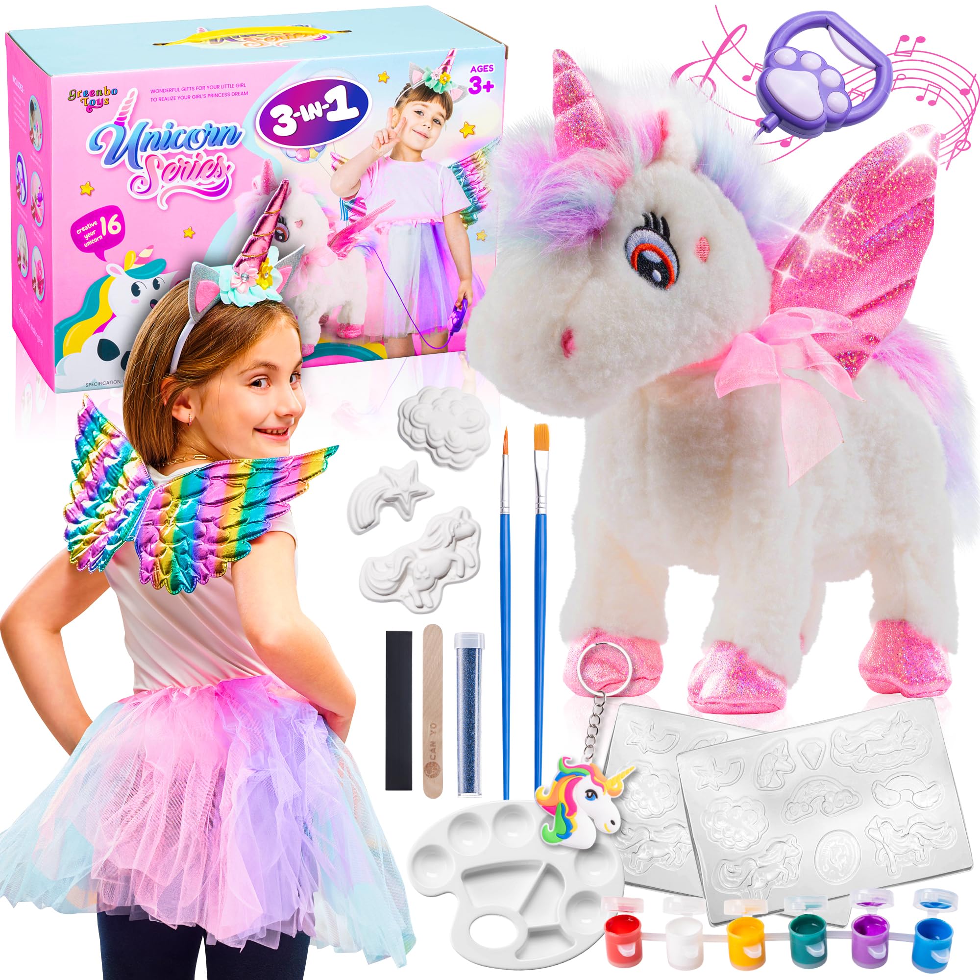 Greenbo Unicorns Toys for Girls Age 4-6 - Includes Multifunctional Unicorn Gifts, Painting Kit Crafts for Kids, and Unicorn Dress - Fun and Engaging Birthday Gifts for Girls Ages 3, 4, 5, 6, and Up