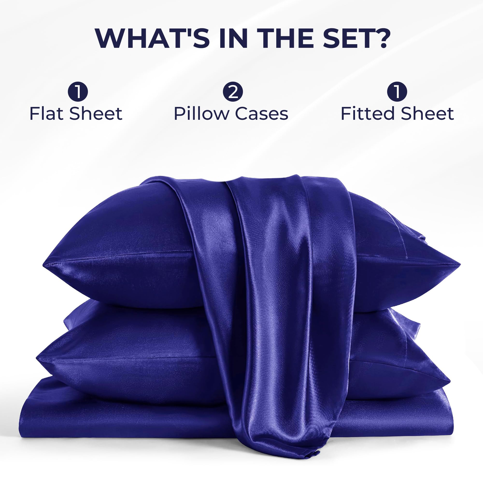 Seasonwood Twin Size Sheet Set Satin Sheets Navy Blue Microfiber Silk Bed Set of 3 with 1 Pillowcase