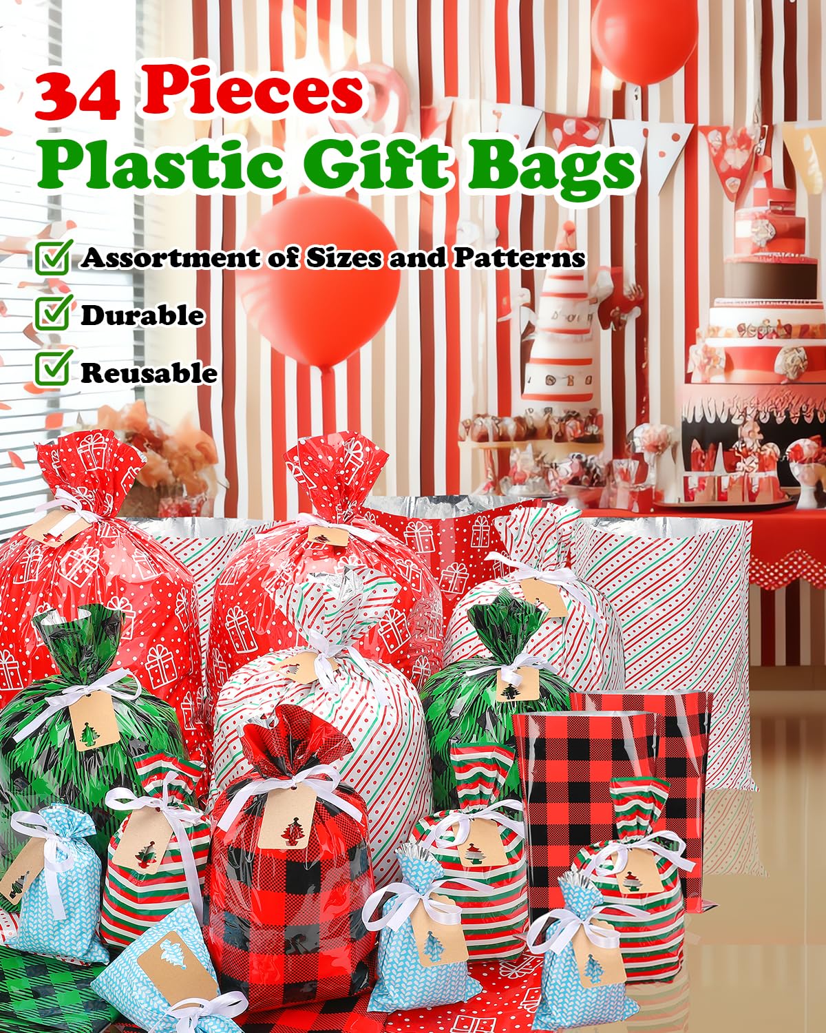 Christmas Gift Bags Assorted Sizes, 34PCS Christmas Bags For Gifts, Small/Medium/Large/Extra Large Christmas Gift Bags with Ribbon Ties, Holiday Xmas Santa Plastic Reusable Wrapping Gift Bag Bulk