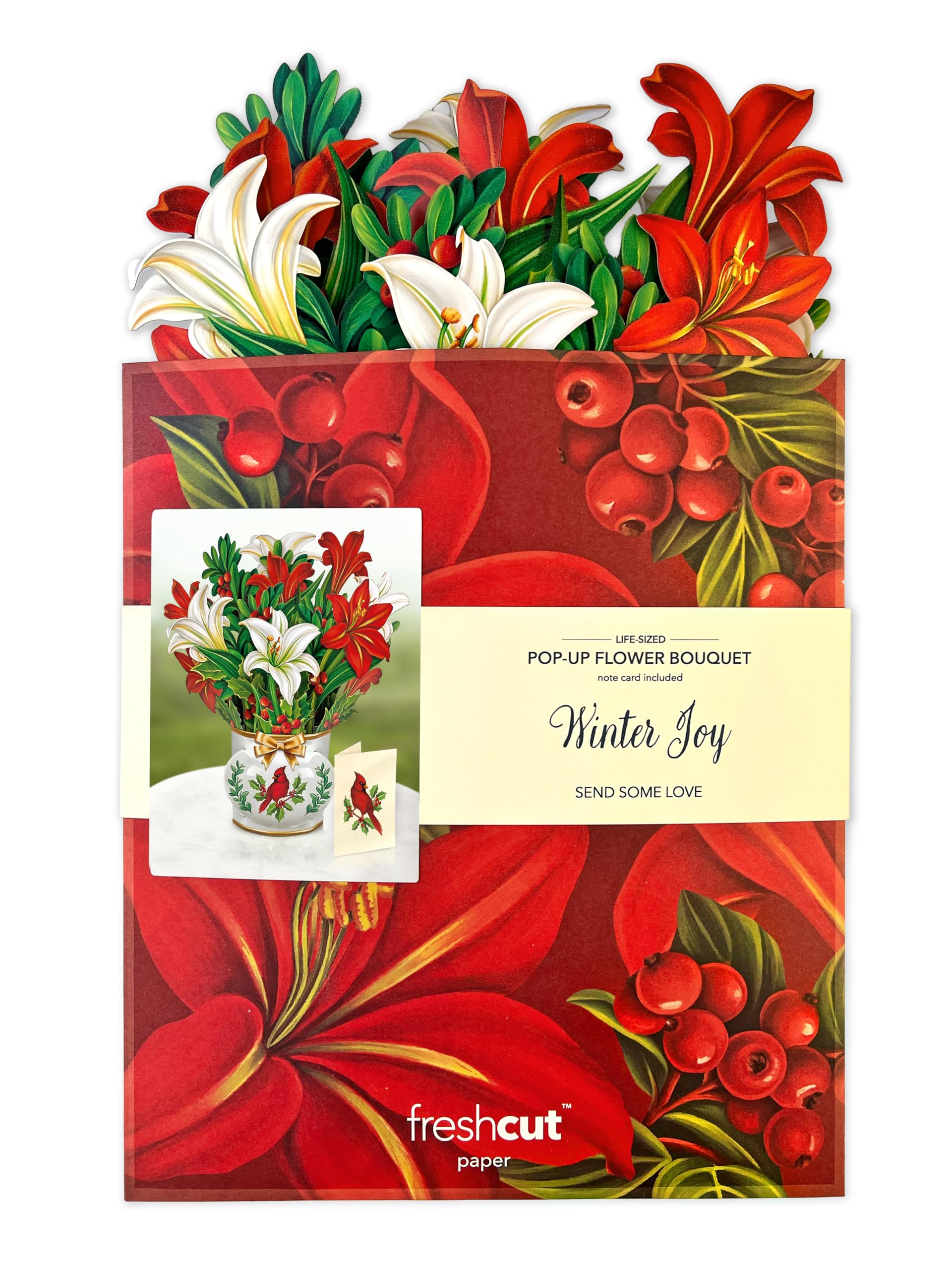 Freshcut Paper Pop Up Cards, Winter Joy 12 inch Paper Flower Bouquet Greeting Cards with Blank Note Card & Envelope, Christmas Cards, Holiday Cards