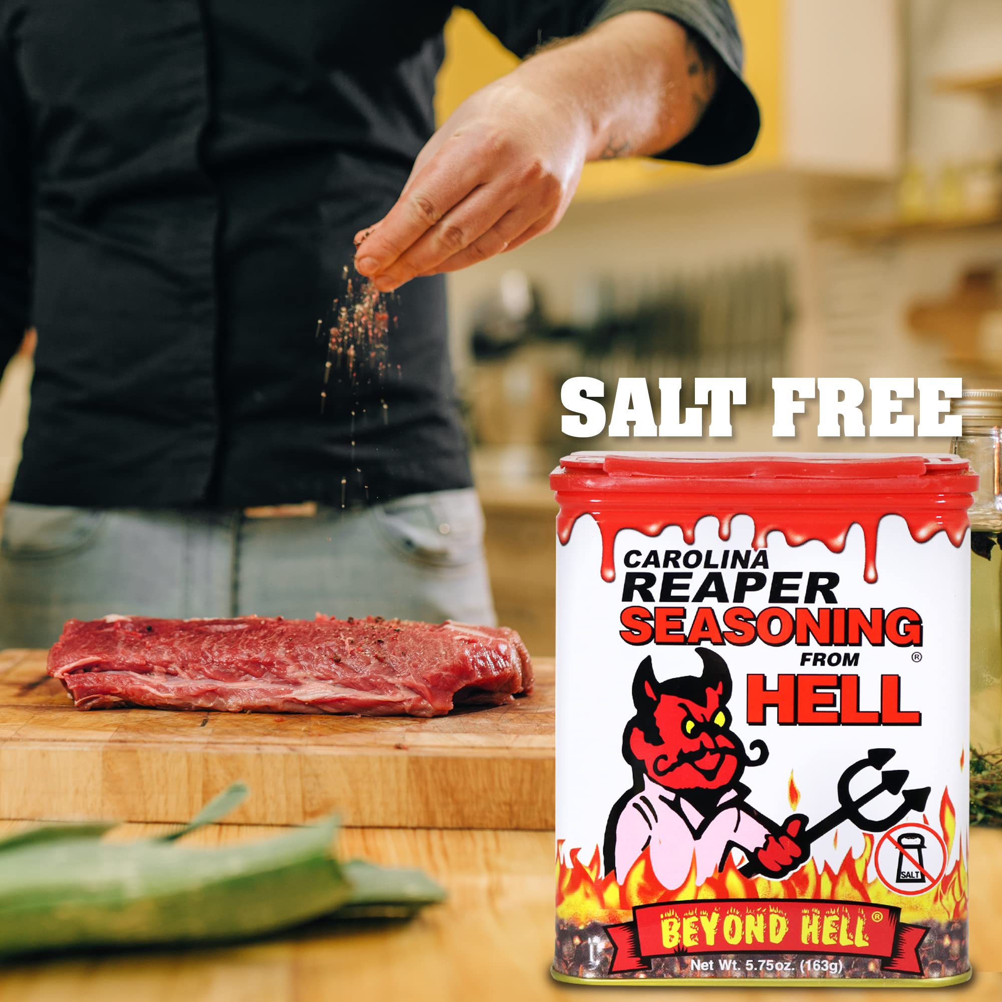 Carolina Reaper Seasoning From Hell - 5.25 oz. - SALT FREE Premium Gourmet Spicy Hot Carolina Reaper Seasoning for Buffalo Wings, Steaks, Chicken – Warning - Try if you Dare!