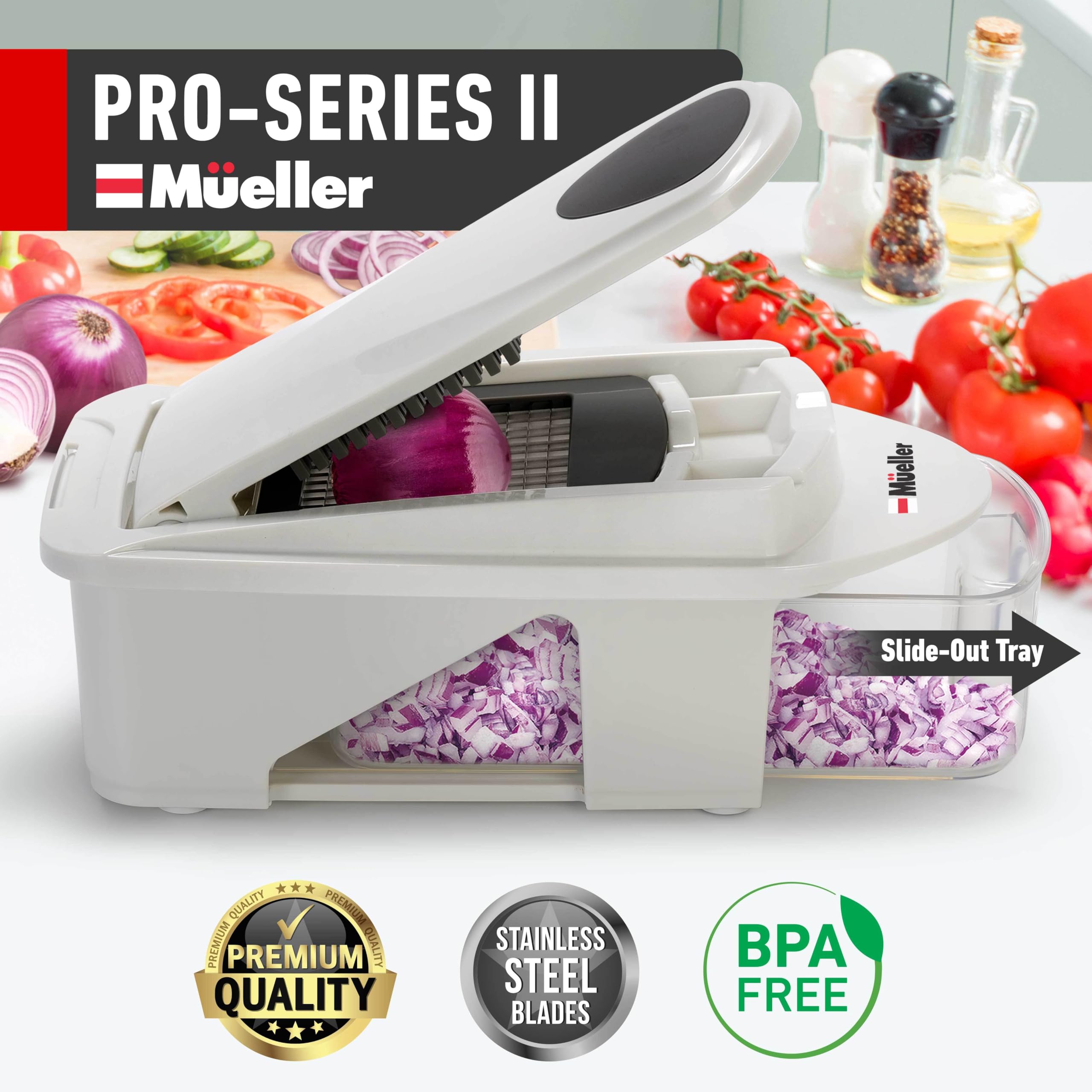 Mueller Pro-Series All-in-One, 12 Blade Mandoline Slicer for Kitchen, Food Chopper, Vegetable Slicer and Spiralizer, Cutter, Dicer, Grater, Kitchen Gadgets Sets with Container, White Sand/Gray