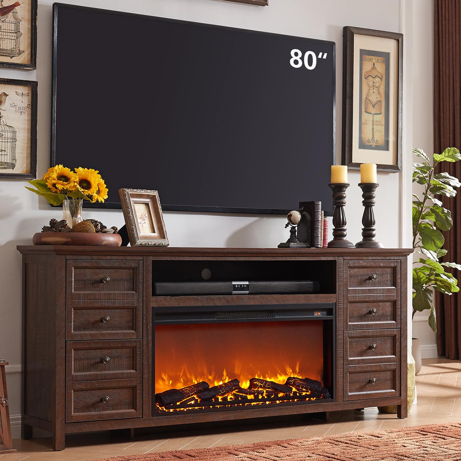 SinCiDo Fireplace TV Stand for TVs up to 80 Inches, Farmhouse Entertainment Center w/36 Electric Fireplace & 4 Faux Double Drawers, Large Media Console Cabinet for Living Room, 70 Inch, Brown